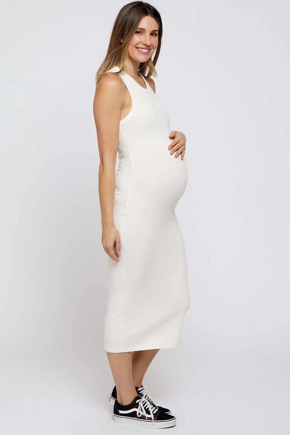 Ivory Sleeveless Ribbed Fitted Maternity Midi Dress sold by Pinkblush product image thumbnail 2
