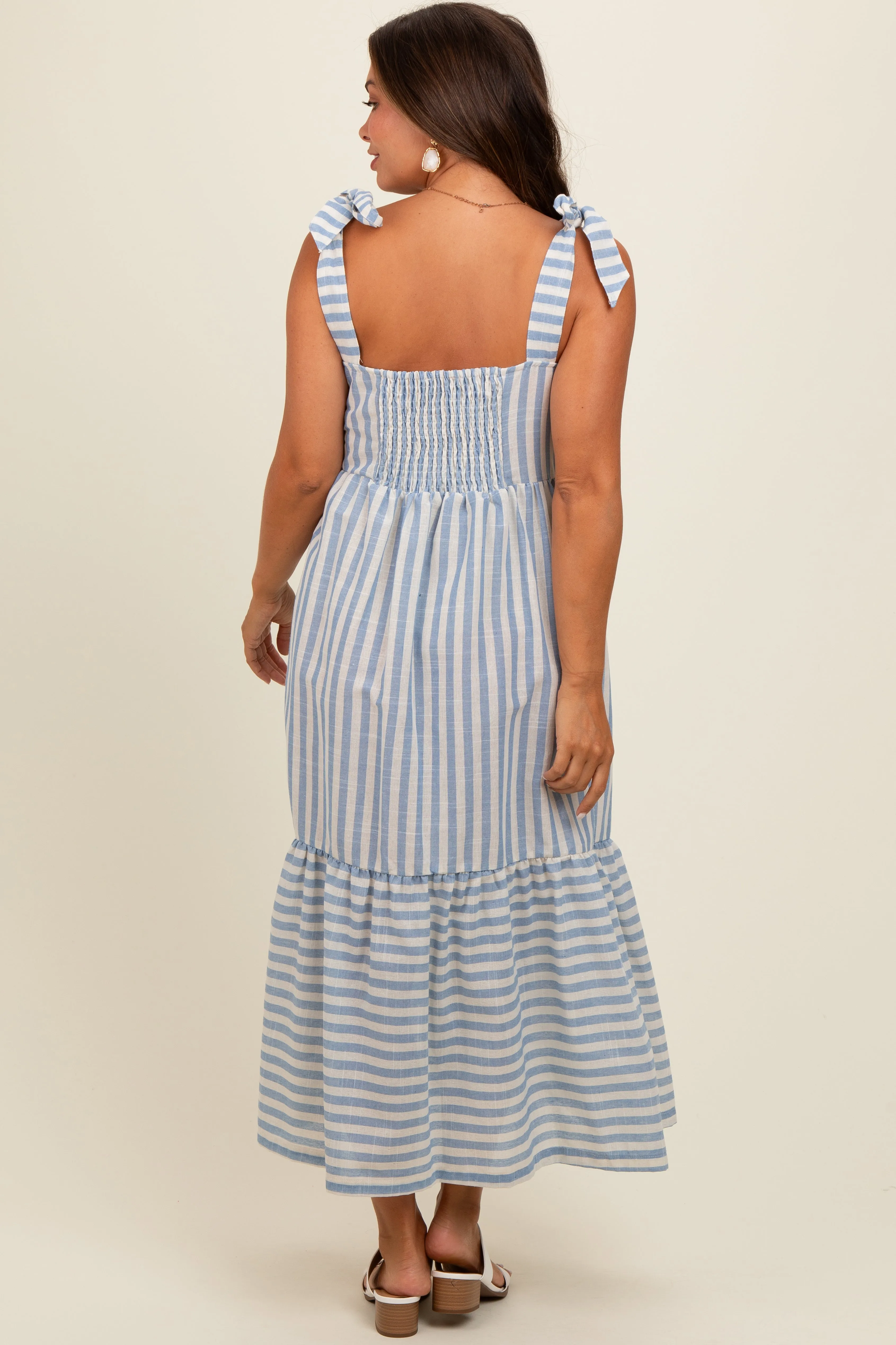 Blue Striped Shoulder Tie Maternity Midi Dress sold by Pinkblush product image thumbnail 4