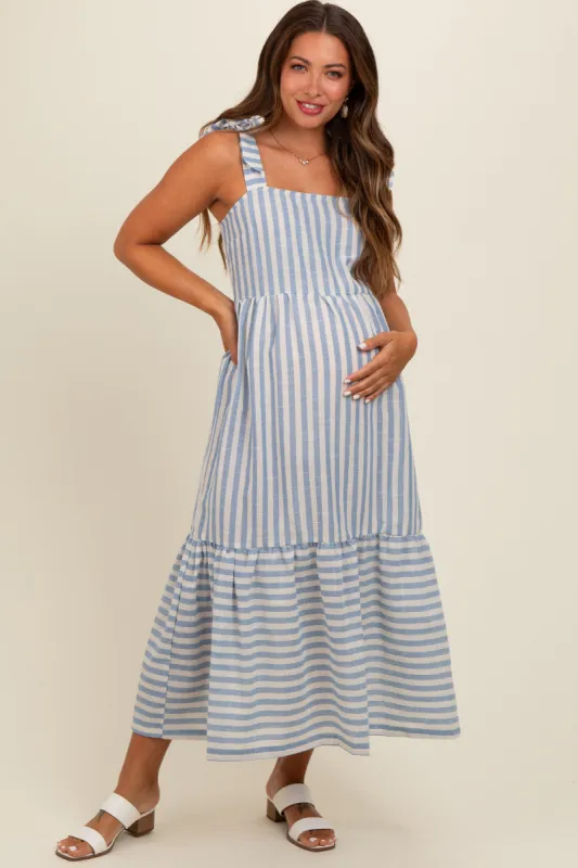 Blue Striped Shoulder Tie Maternity Midi Dress sold by Pinkblush