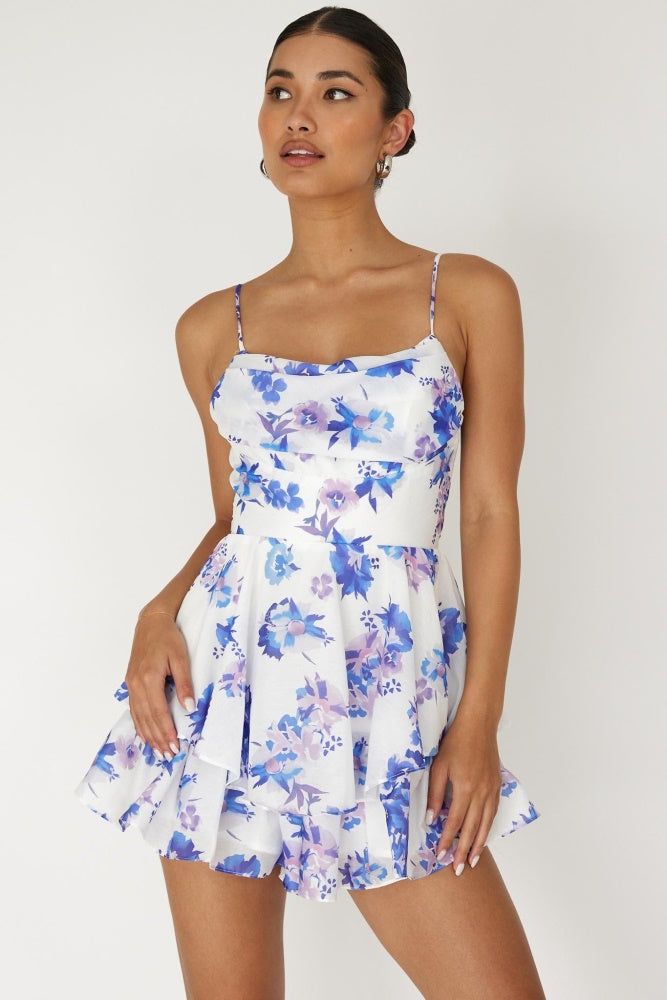 Blue Floral Print Cowl Neck Tiered Skirt Mini Dress sold by Pinkblush