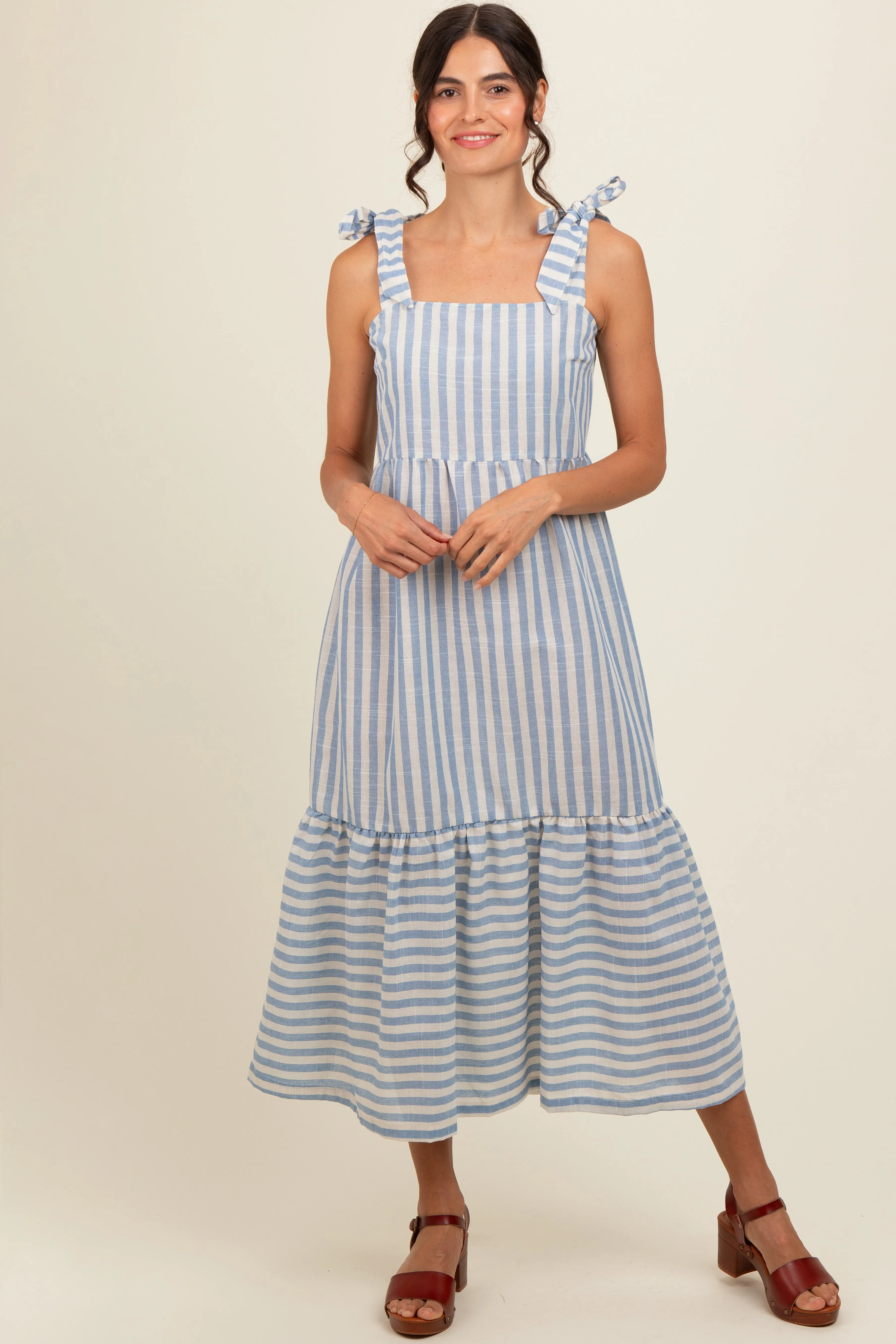 Blue Striped Shoulder Tie Maternity Midi Dress sold by Pinkblush product image thumbnail 5