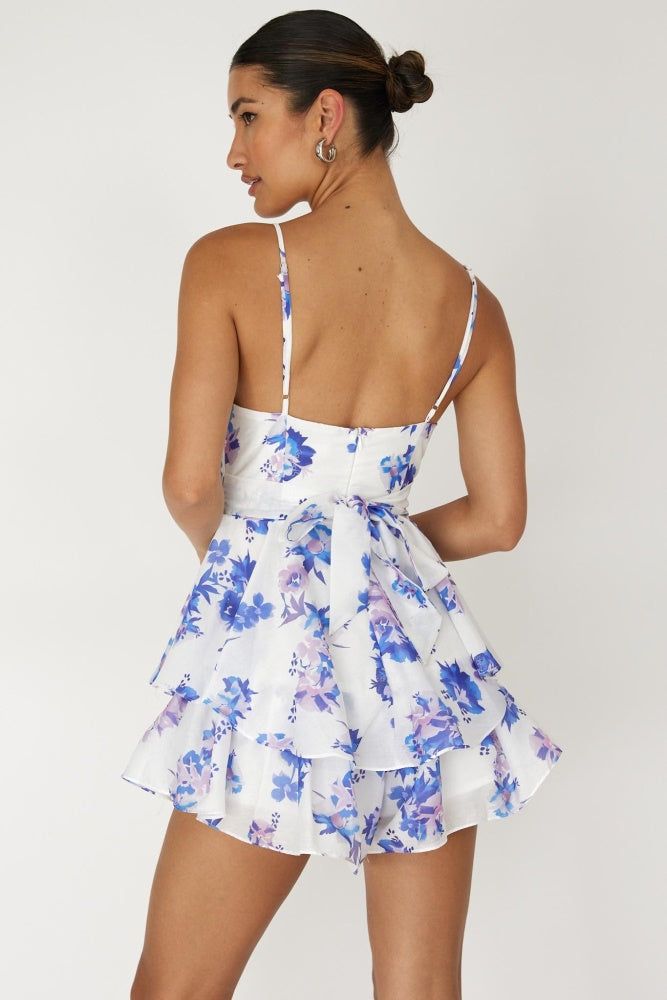 Blue Floral Print Cowl Neck Tiered Skirt Mini Dress sold by Pinkblush product image thumbnail 2