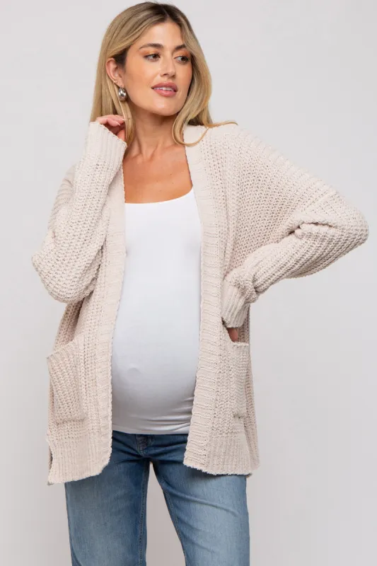 Beige Brushed Chenille Knit Maternity Cardigan sold by Pinkblush