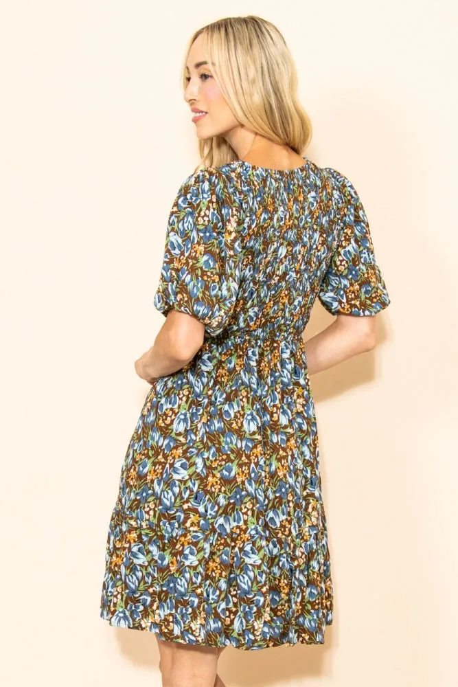 Brown Floral Smocked Puff Sleeve Dress sold by Pinkblush product image thumbnail 3