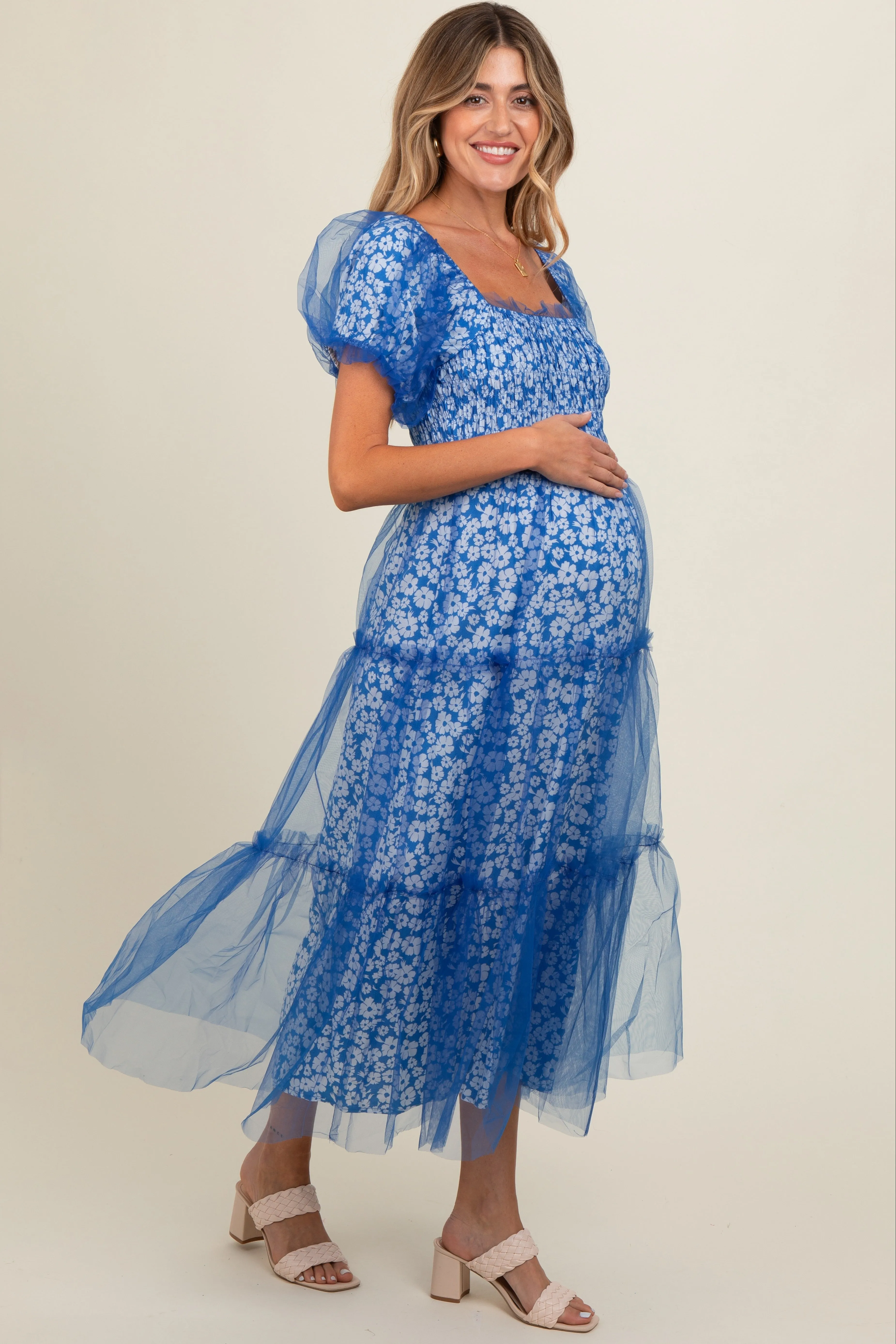 Blue Floral Lined Smocked Tulle Maternity Midi Dress sold by Pinkblush product image thumbnail 2