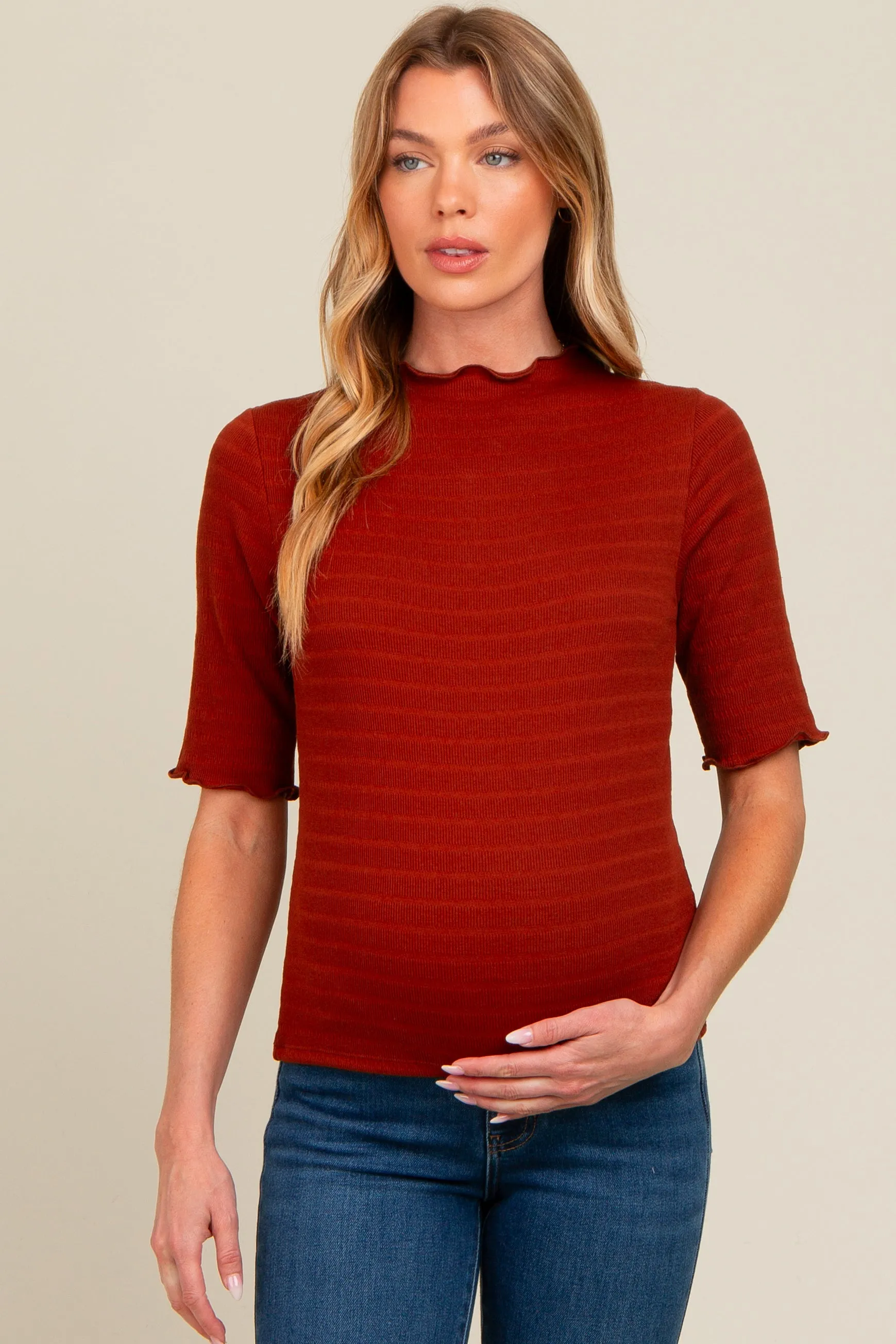 Rust Lettuce Trim Mock Neck Maternity Top sold by Pinkblush product image thumbnail 2