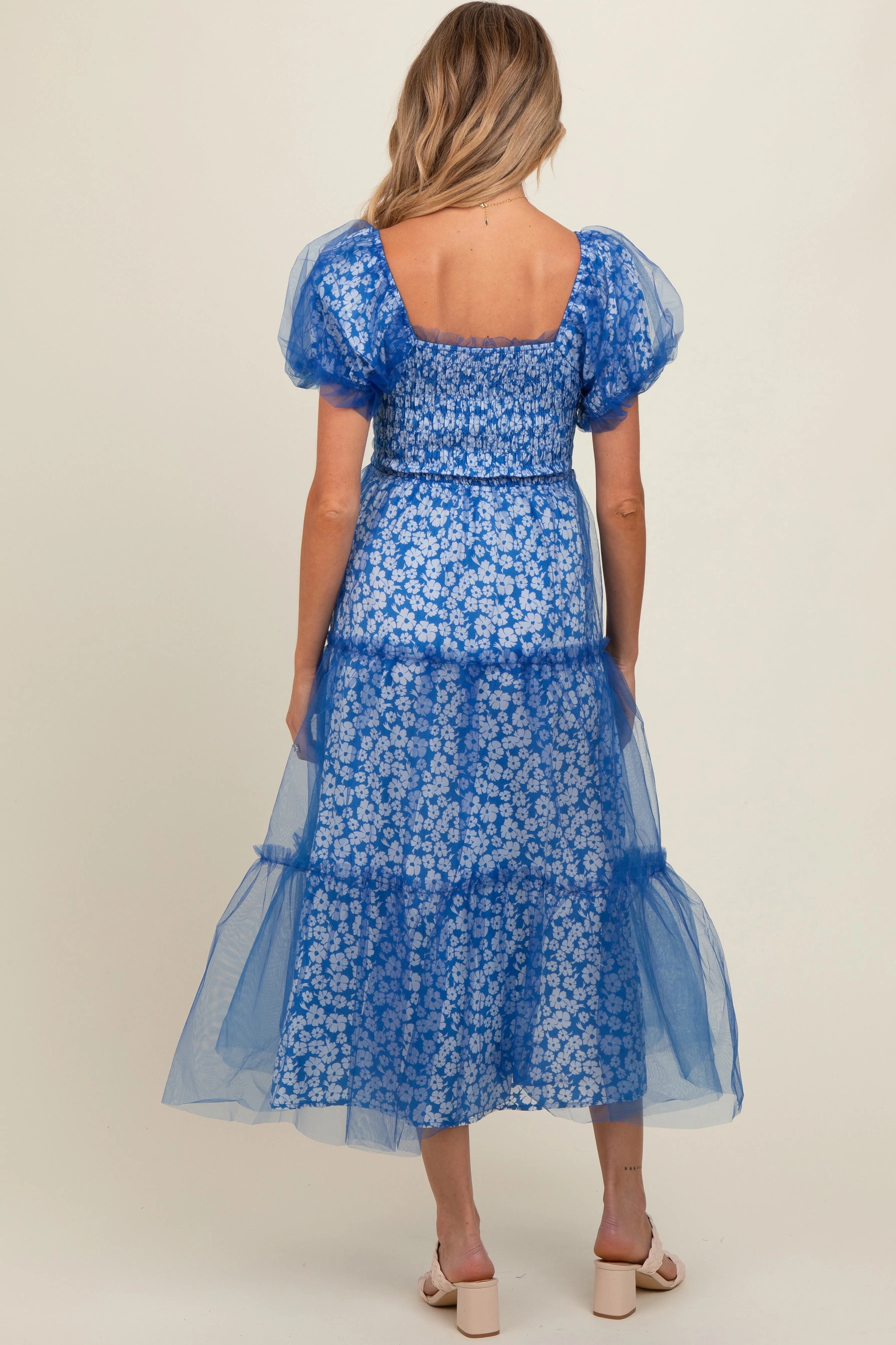 Blue Floral Lined Smocked Tulle Maternity Midi Dress sold by Pinkblush product image thumbnail 3