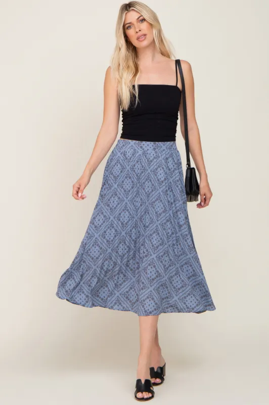 Blue Printed Pleated Midi Skirt sold by Pinkblush