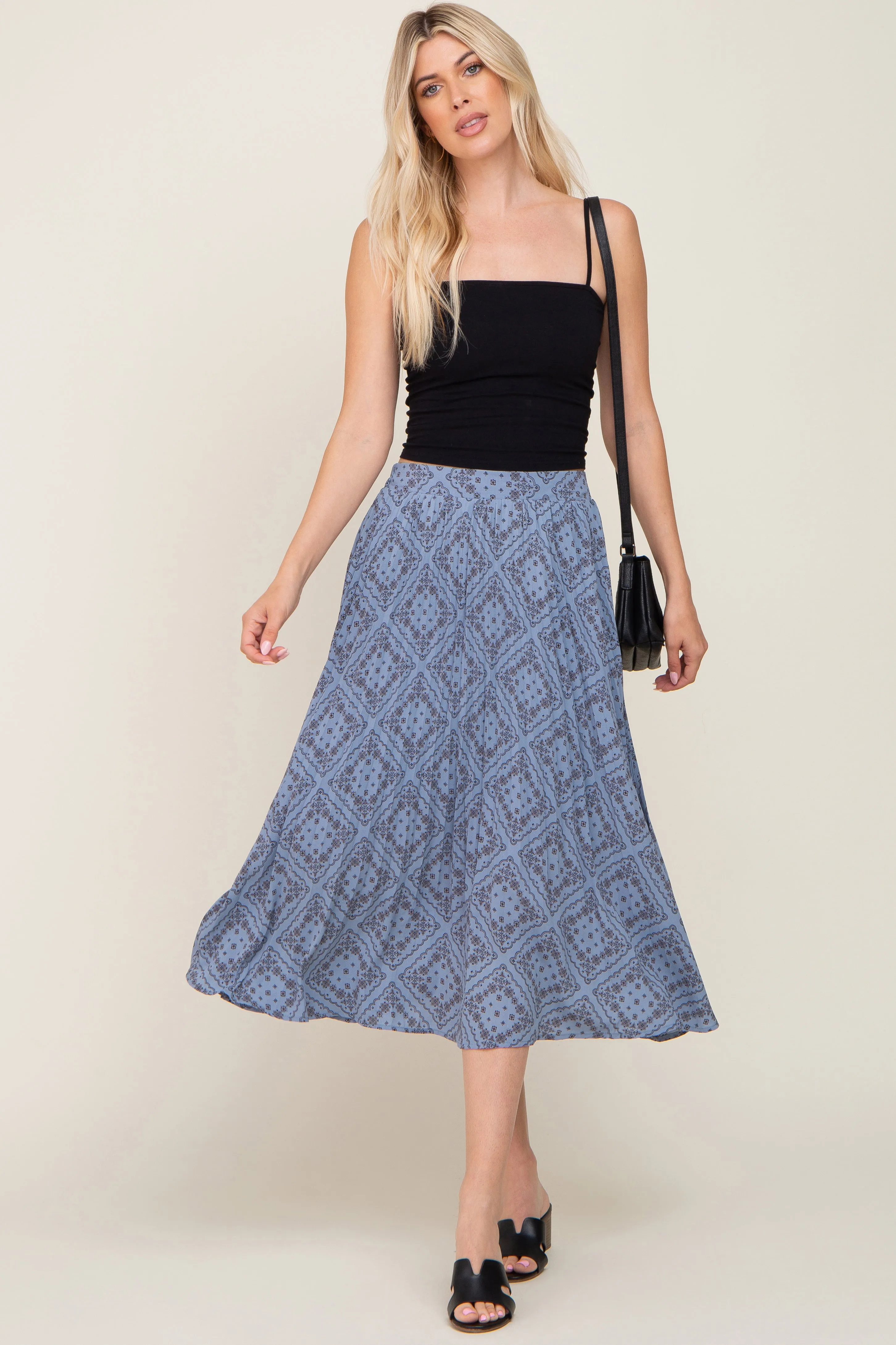 Blue Printed Pleated Midi Skirt sold by Pinkblush