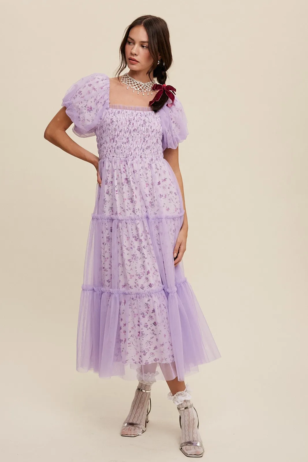 Blue Floral Lined Smocked Tulle Maternity Midi Dress sold by Pinkblush product image thumbnail 4