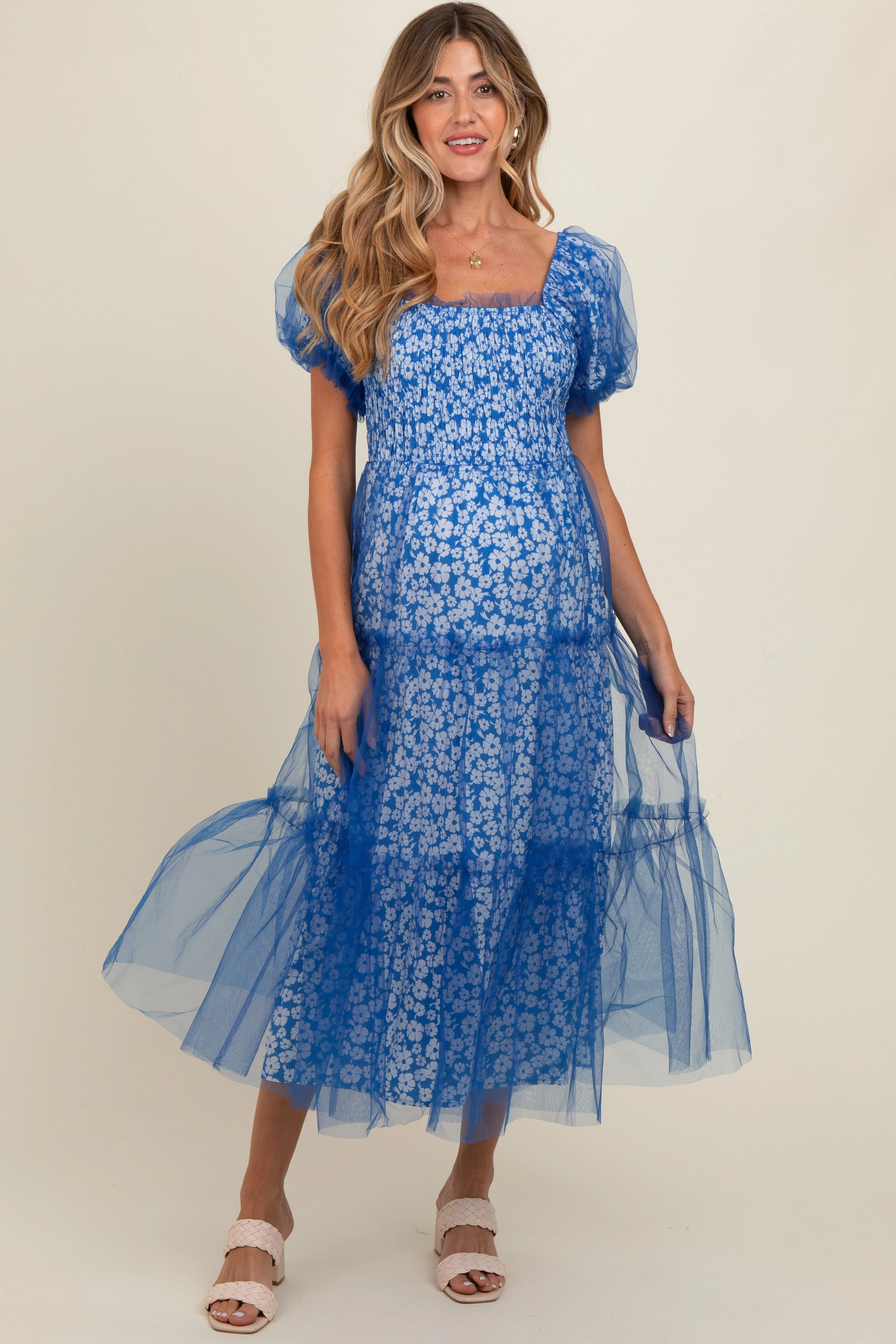 Blue Floral Lined Smocked Tulle Maternity Midi Dress sold by Pinkblush