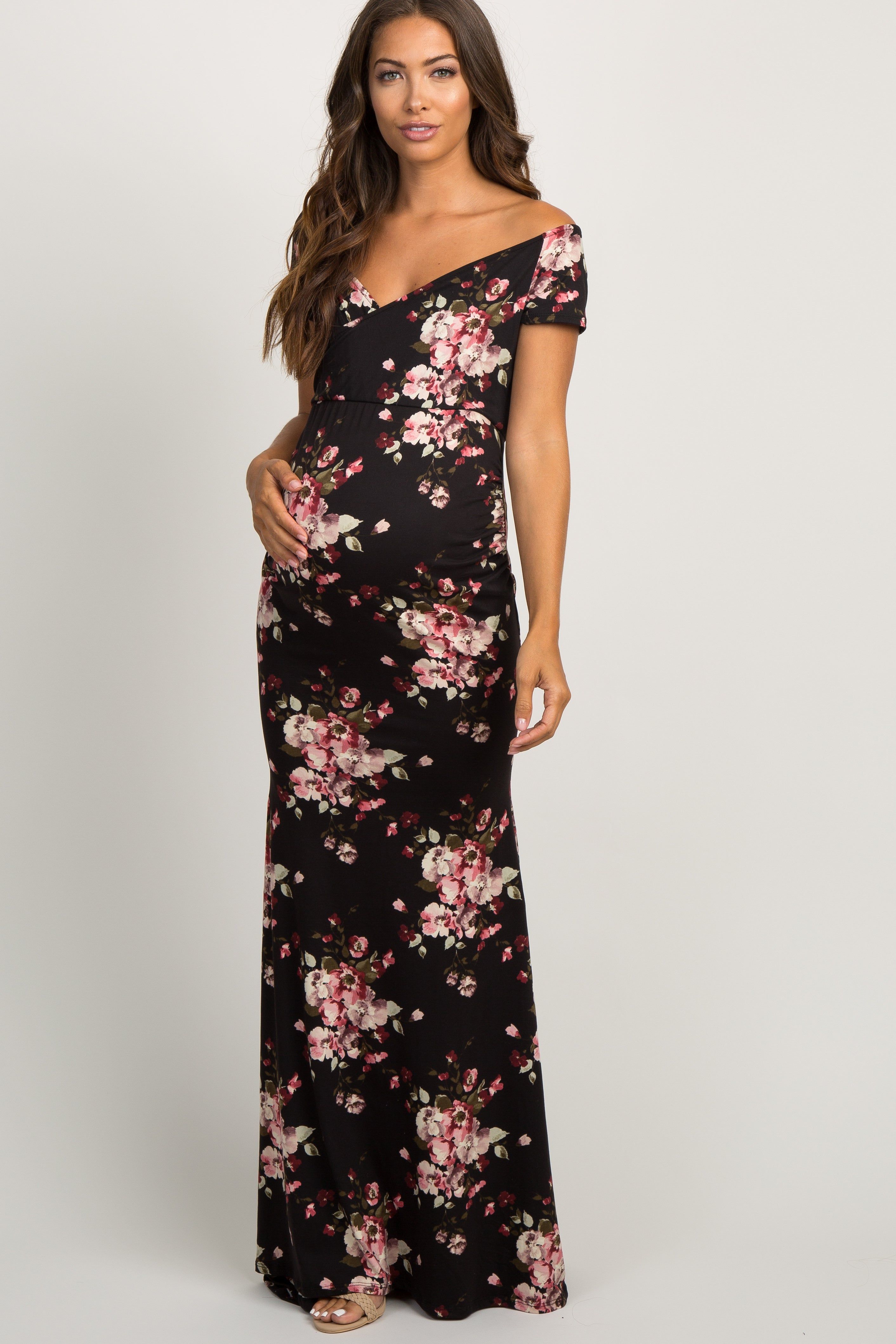 Black Floral Off Shoulder Wrap Maternity Photoshoot Gown/Dress sold by Pinkblush