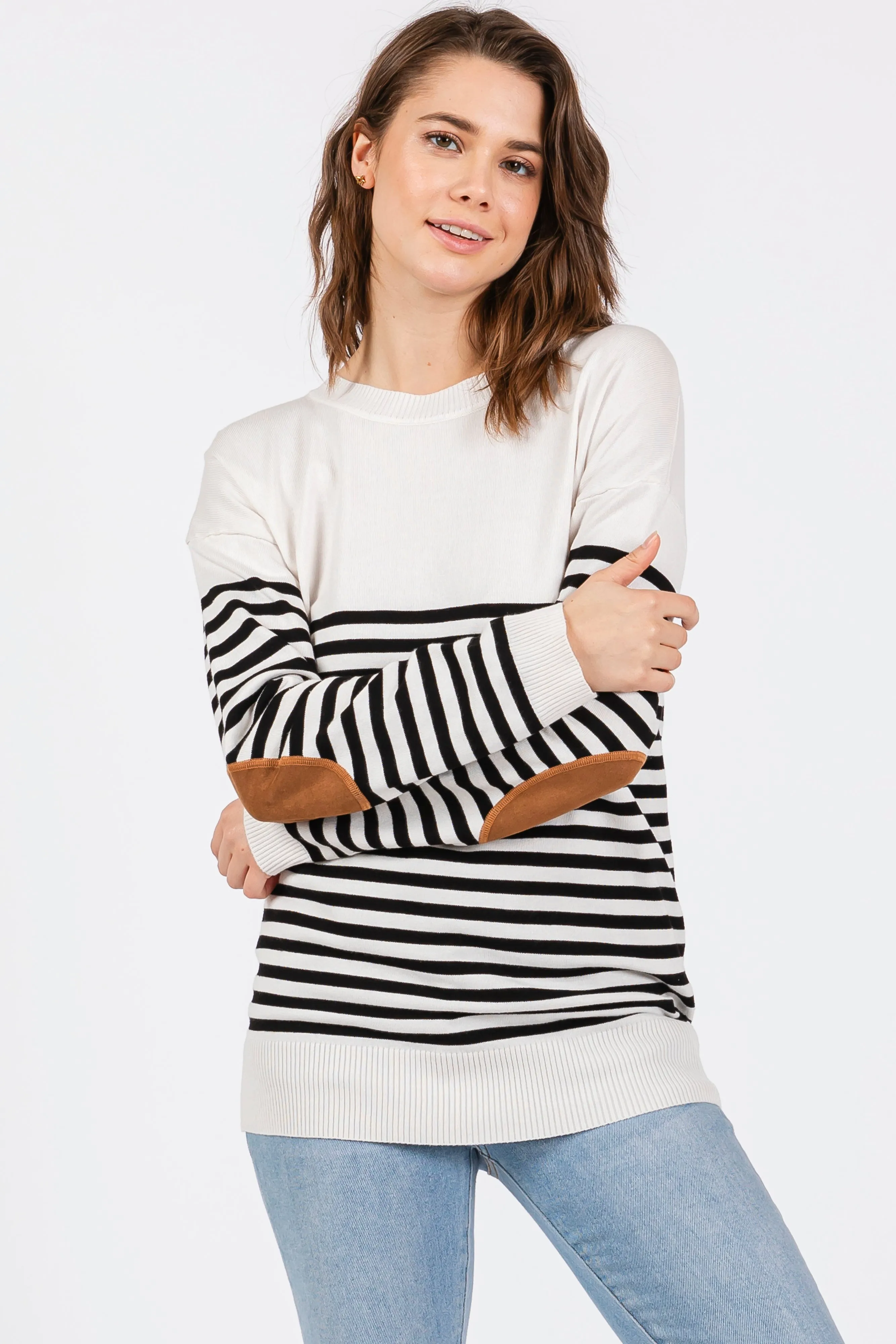 White Striped Elbow Patch Knit Maternity Sweater sold by Pinkblush product image thumbnail 4