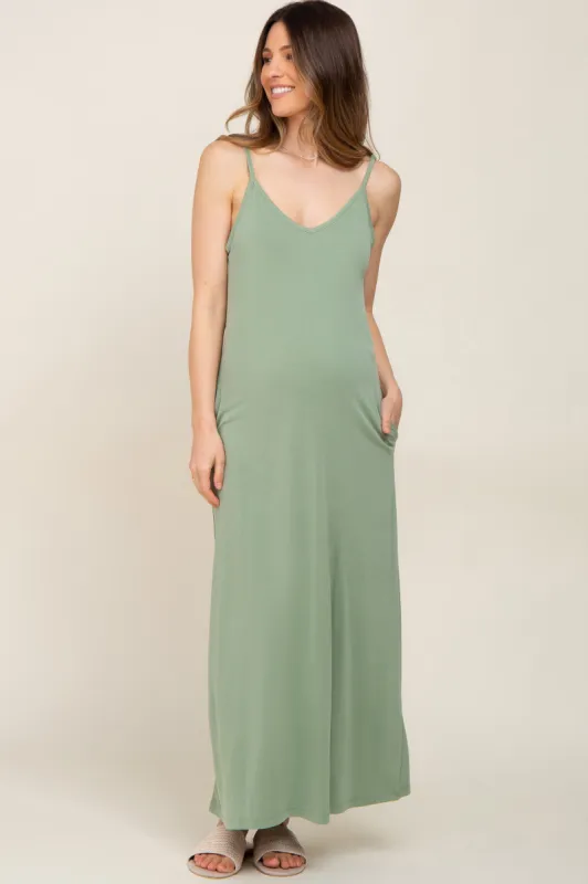 Light Olive Sleeveless V-Neck Maternity Maxi Dress sold by Pinkblush