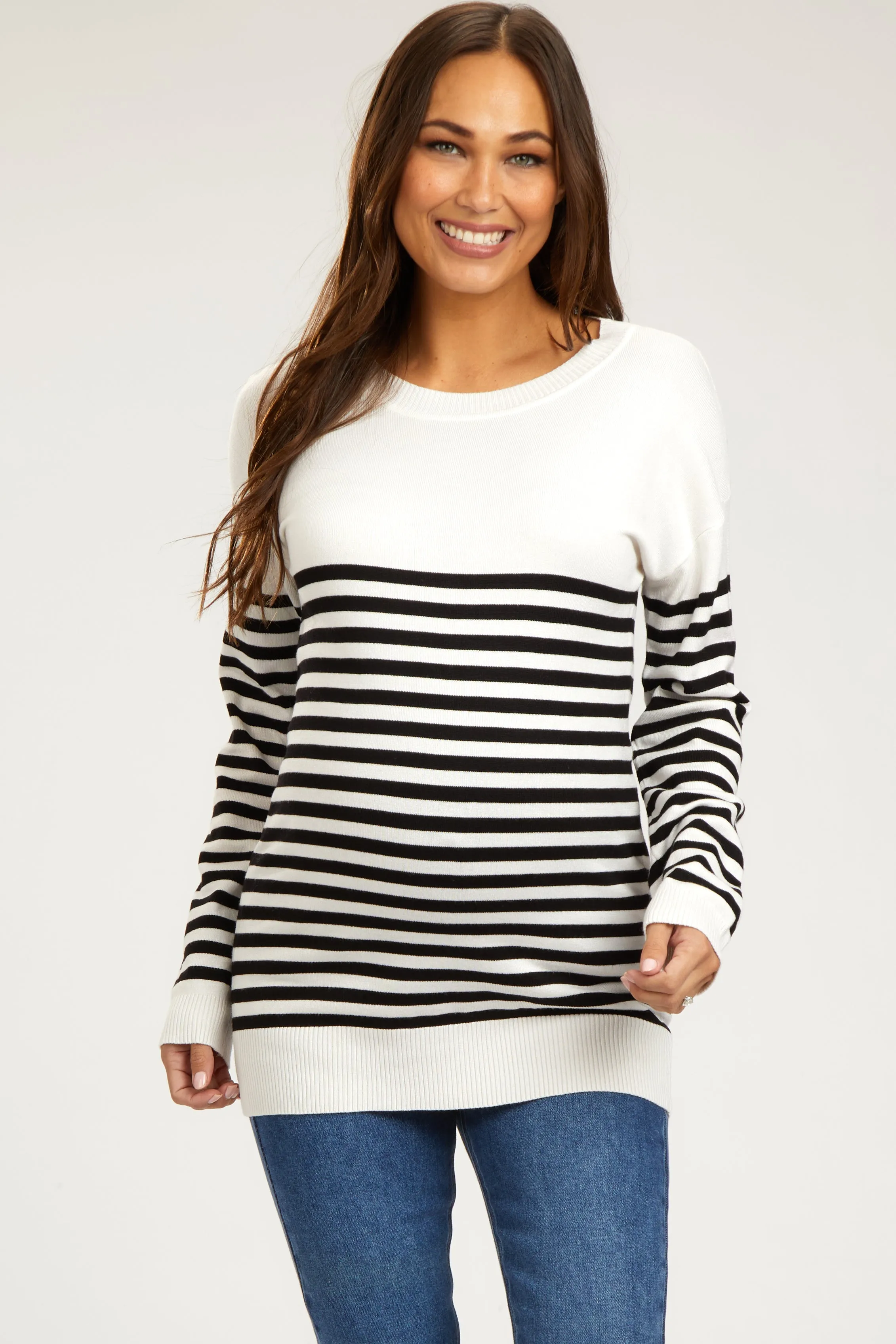White Striped Elbow Patch Knit Maternity Sweater sold by Pinkblush