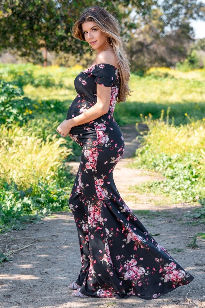 Black Floral Off Shoulder Wrap Maternity Photoshoot Gown/Dress sold by Pinkblush product image thumbnail 5