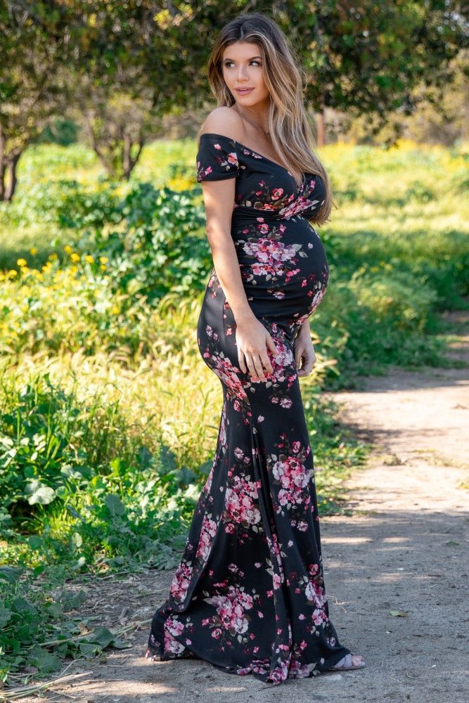 Black Floral Off Shoulder Wrap Maternity Photoshoot Gown/Dress sold by Pinkblush product image thumbnail 2