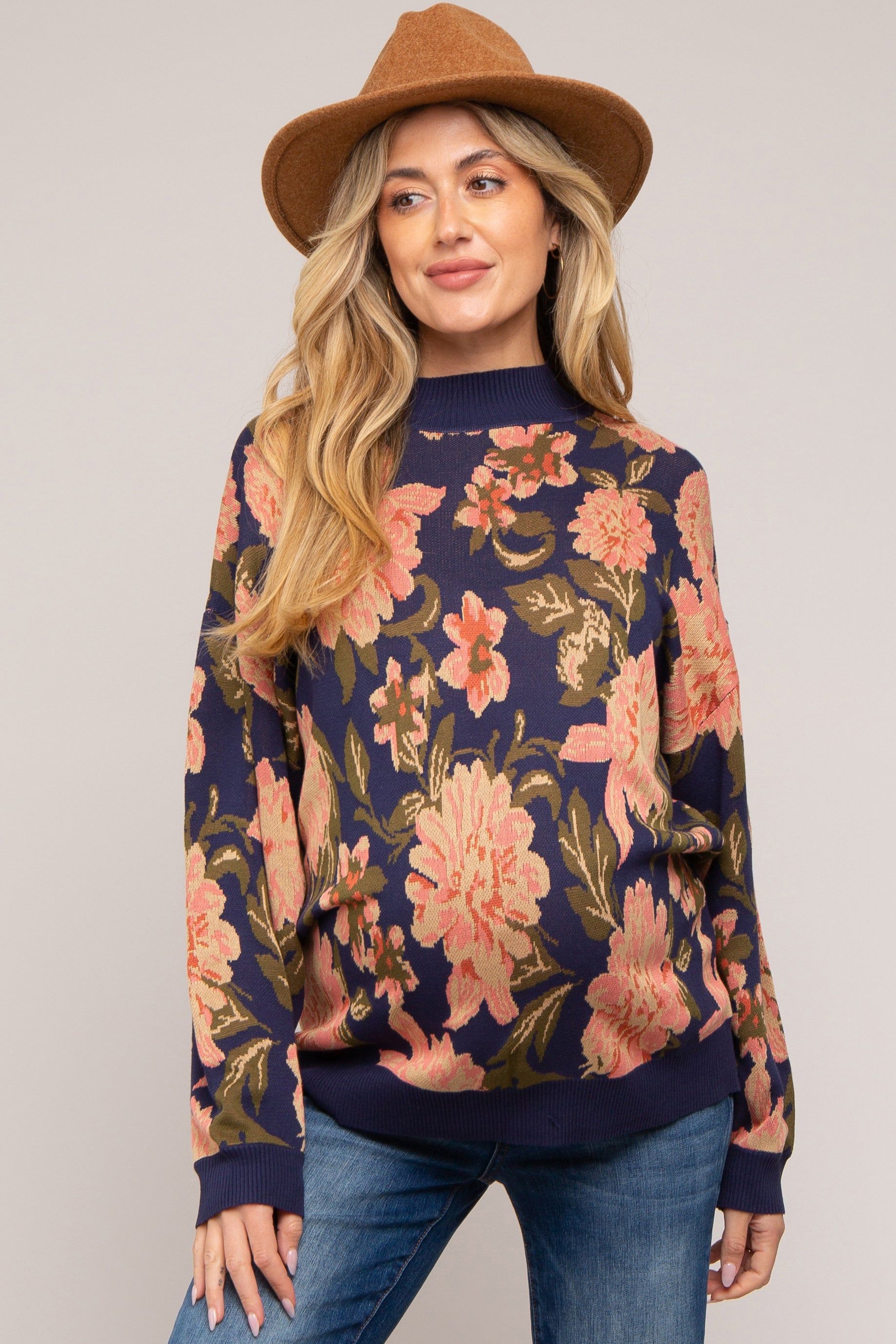 Navy Blue Floral Maternity Sweater sold by Pinkblush