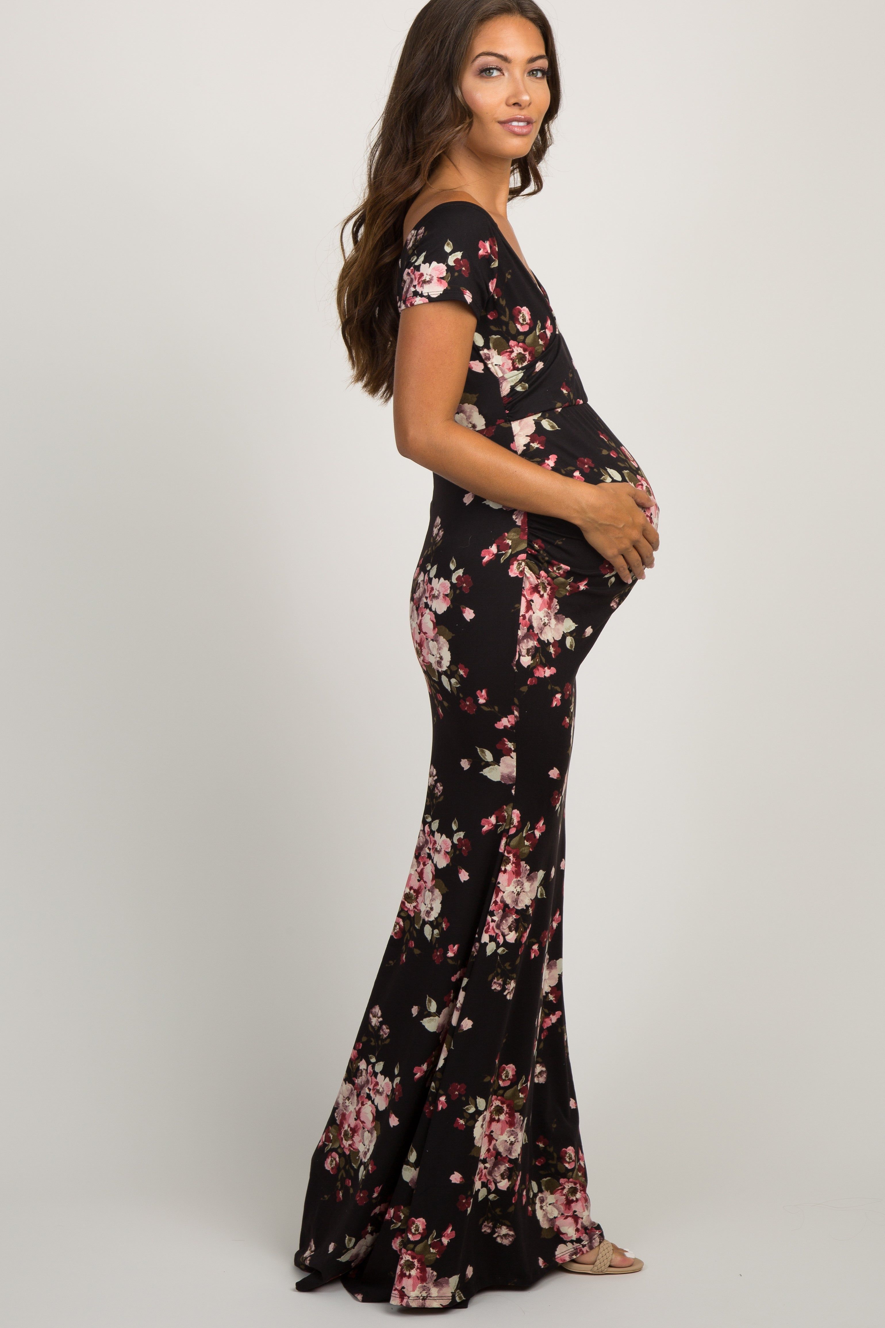 Black Floral Off Shoulder Wrap Maternity Photoshoot Gown/Dress sold by Pinkblush product image thumbnail 3