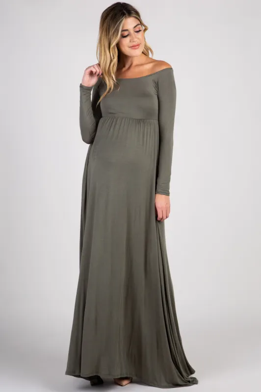 PinkBlush Olive Solid Off Shoulder Maternity Maxi Dress sold by Pinkblush