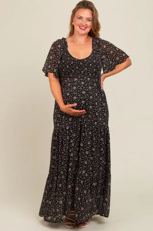 Black Floral Chiffon Smocked Maternity Plus Maxi Dress sold by Pinkblush