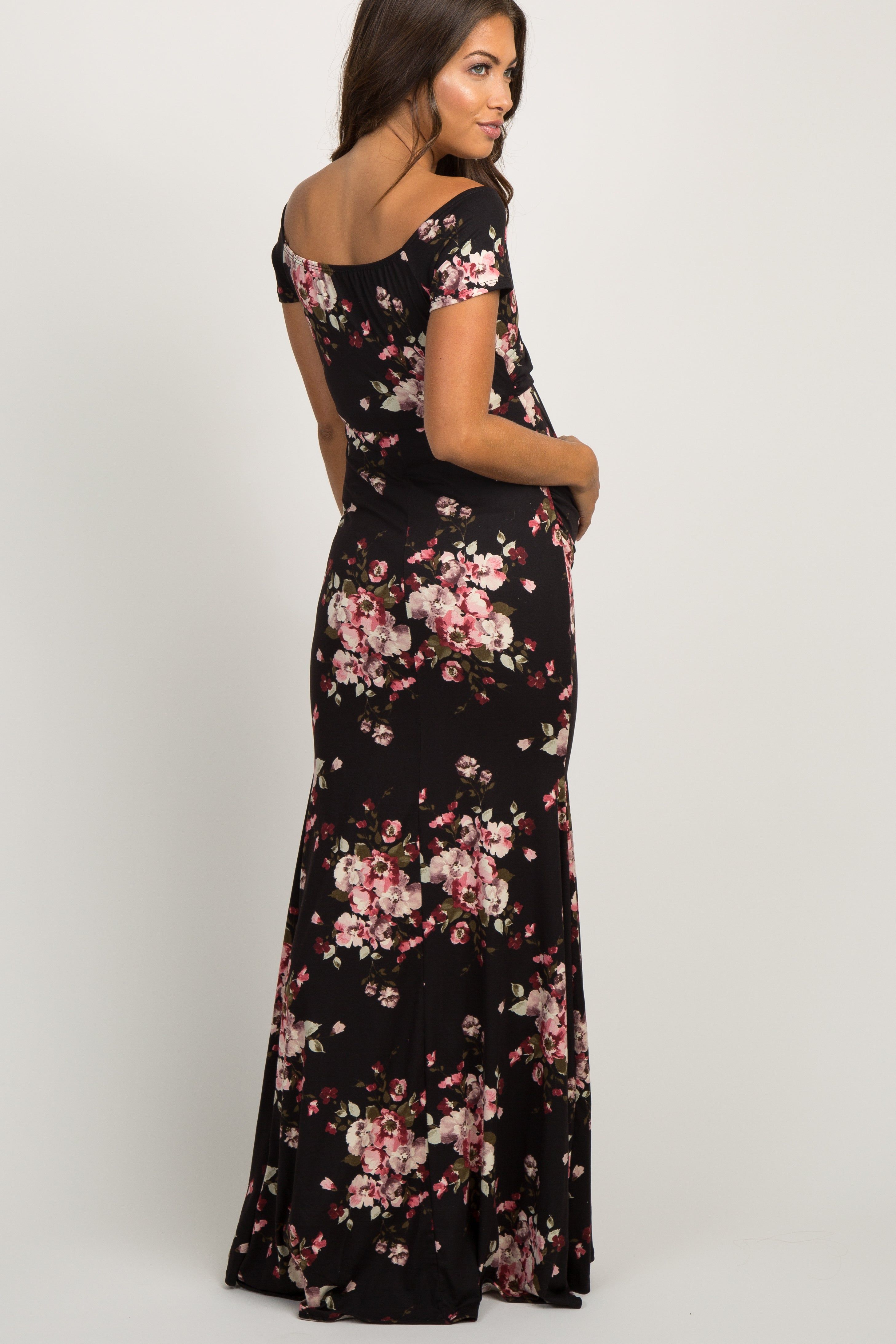 Black Floral Off Shoulder Wrap Maternity Photoshoot Gown/Dress sold by Pinkblush product image thumbnail 4