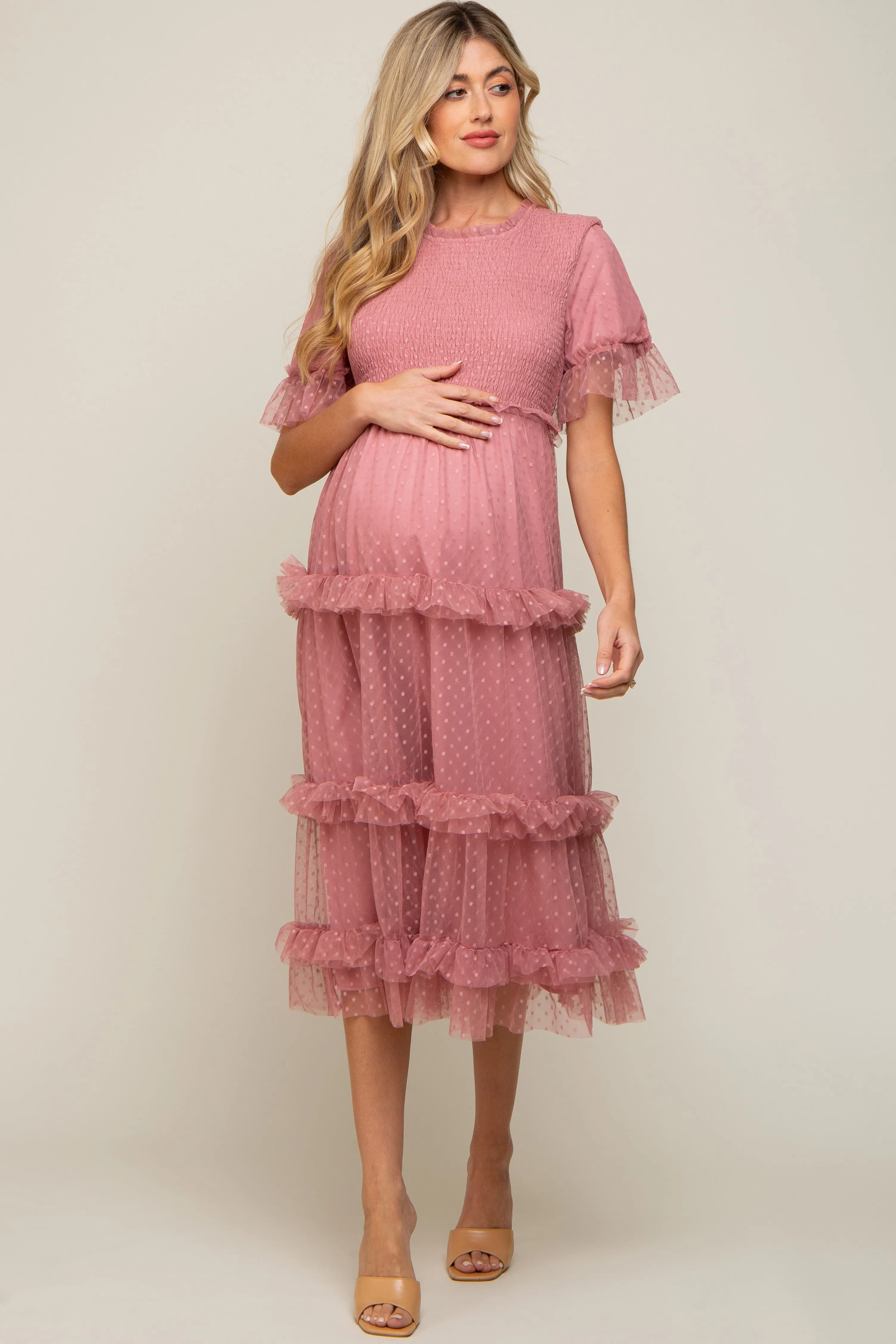 Pink Polka Dot Tulle Smocked Maternity Midi Dress sold by Pinkblush product image thumbnail 4