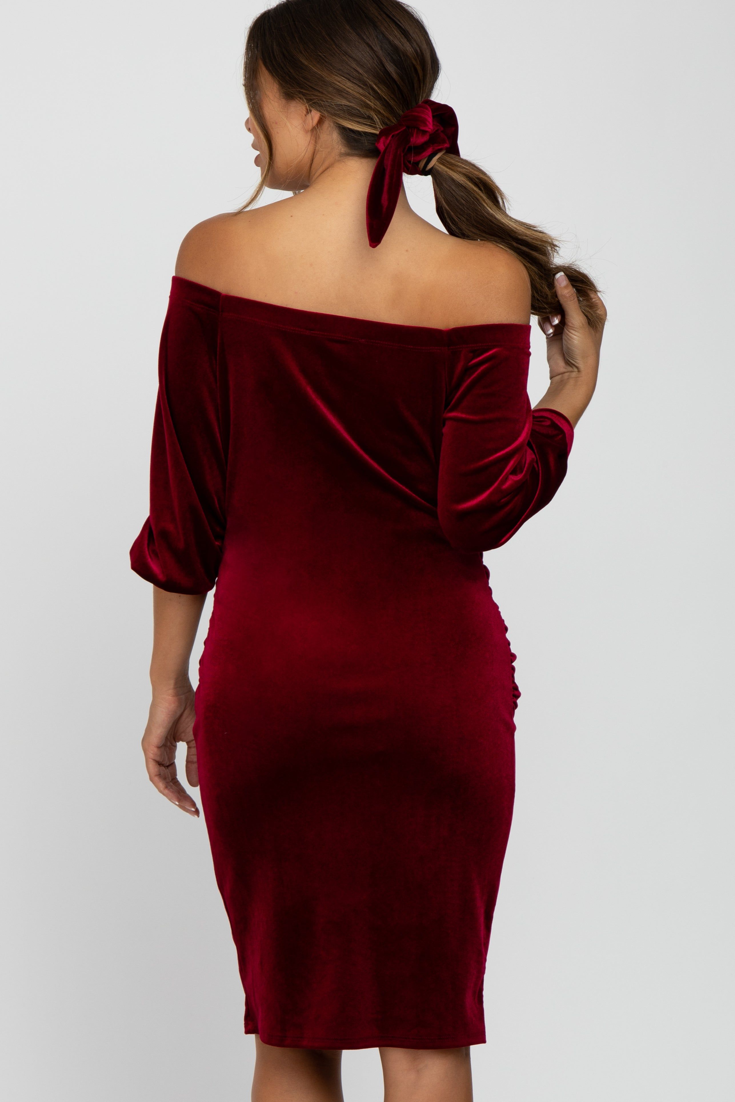 Burgundy Velvet Off Shoulder Fitted Maternity Dress sold by Pinkblush product image thumbnail 3