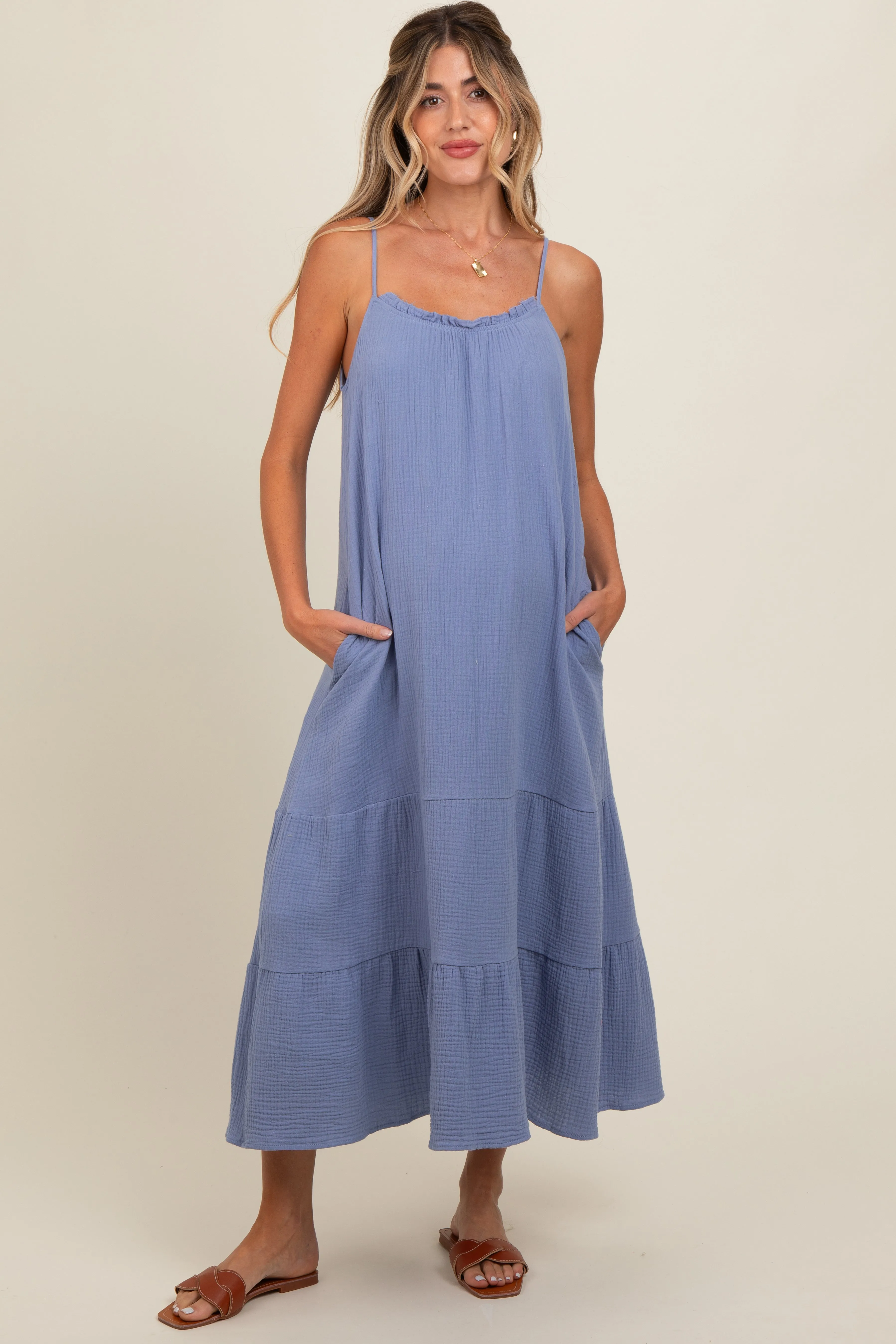Blue Tiered Hem Maternity Midi Dress sold by Pinkblush