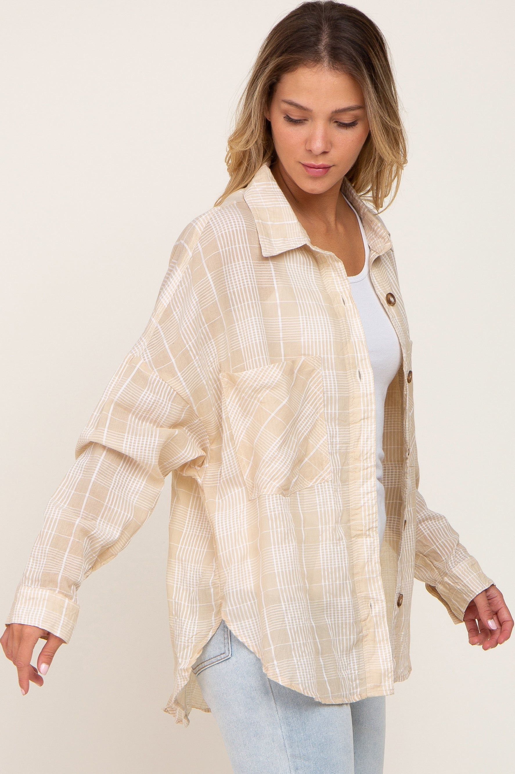 Taupe Plaid Front Pocket Button Up Top sold by Pinkblush product image thumbnail 3