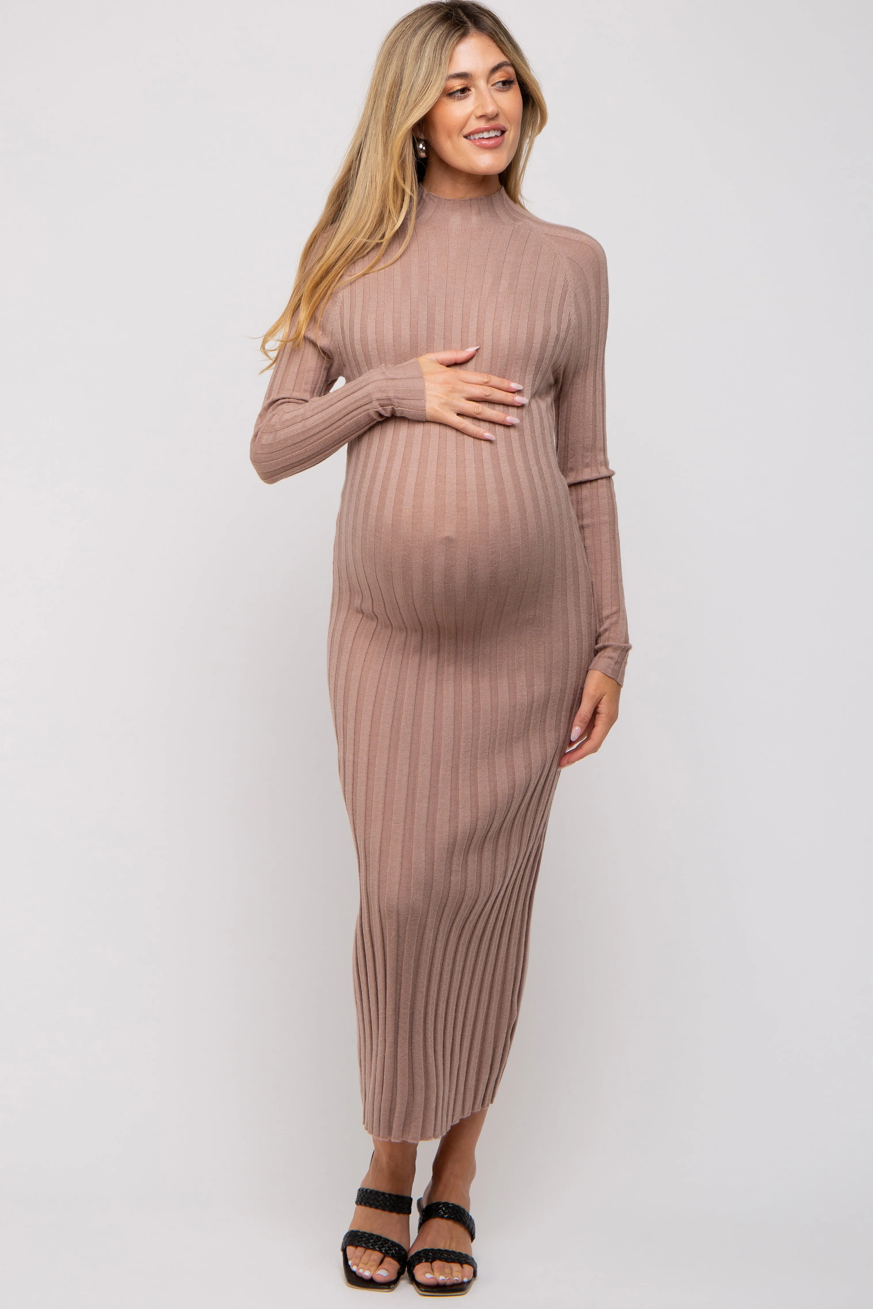 Taupe Ribbed Turtle Neck Maternity Midi Dress sold by Pinkblush product image thumbnail 3