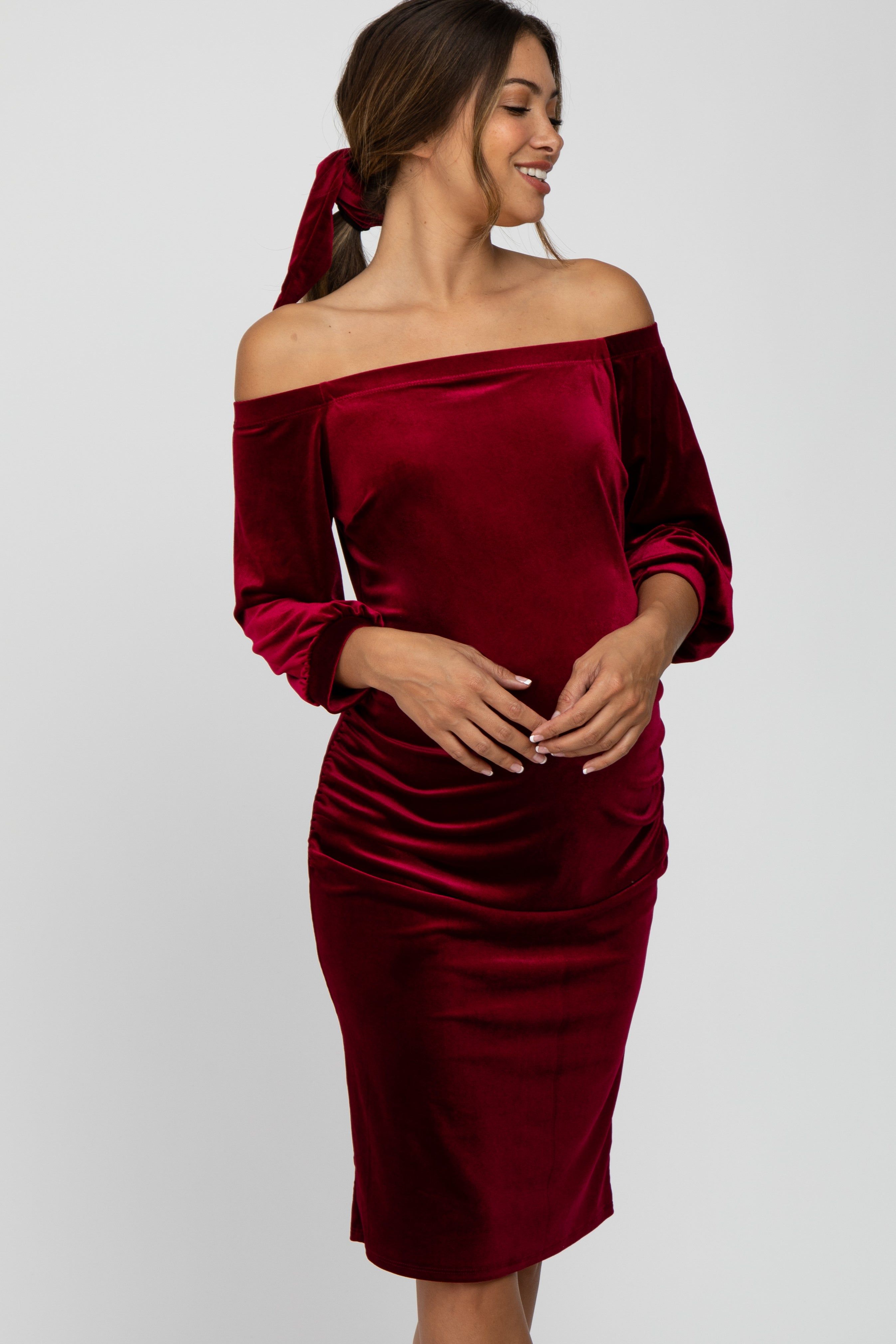 Burgundy Velvet Off Shoulder Fitted Maternity Dress sold by Pinkblush