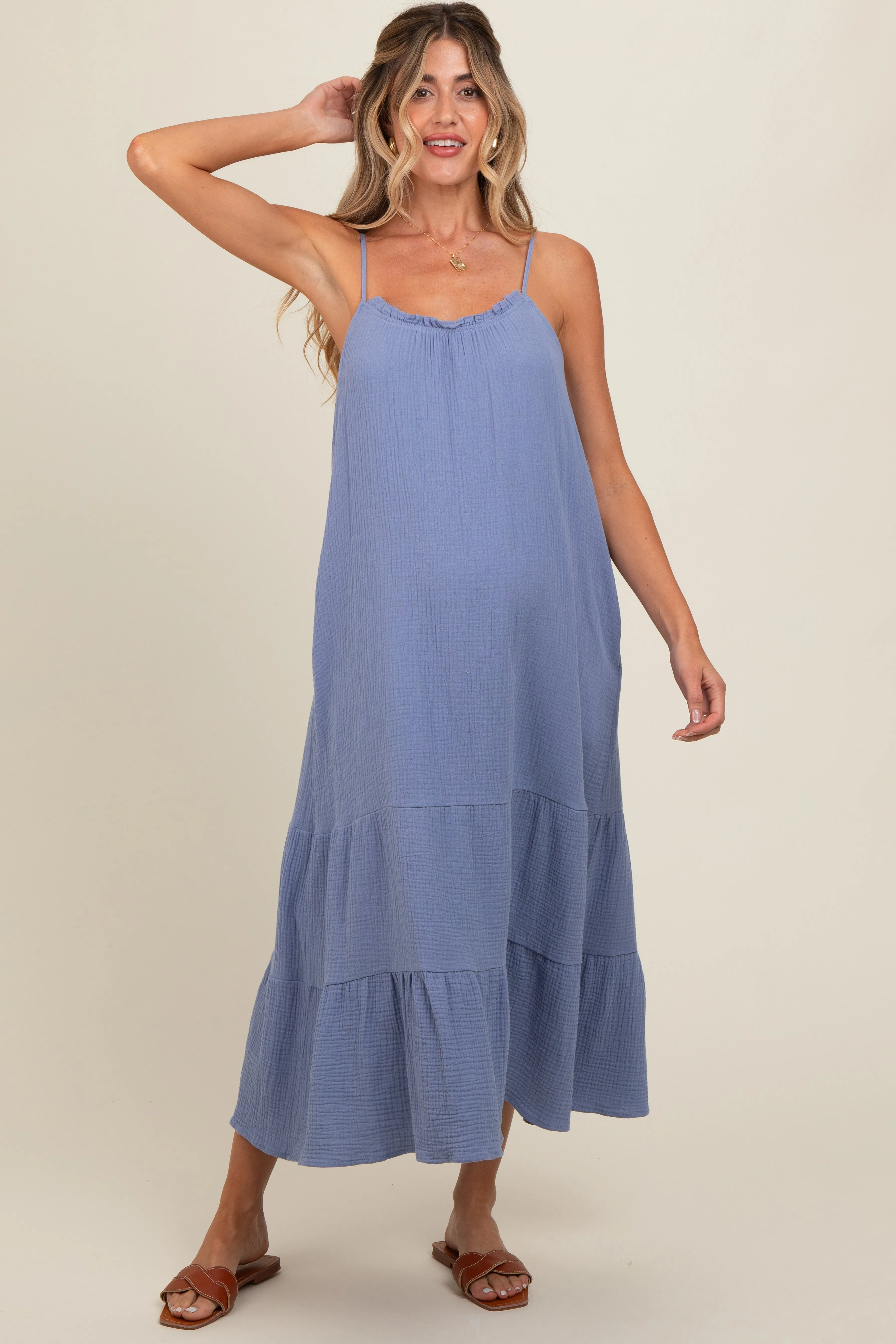 Blue Tiered Hem Maternity Midi Dress sold by Pinkblush product image thumbnail 2