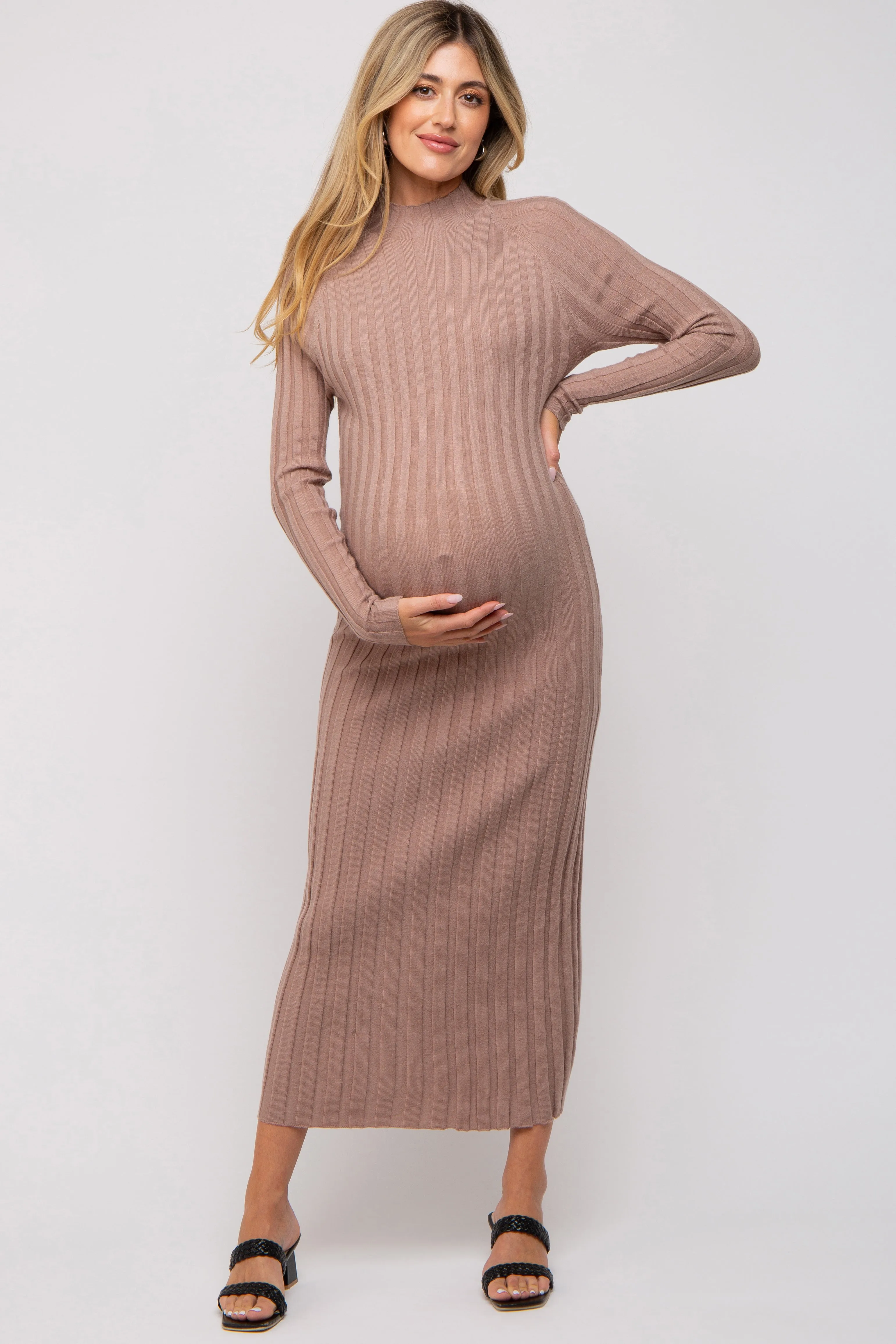 Taupe Ribbed Turtle Neck Maternity Midi Dress sold by Pinkblush