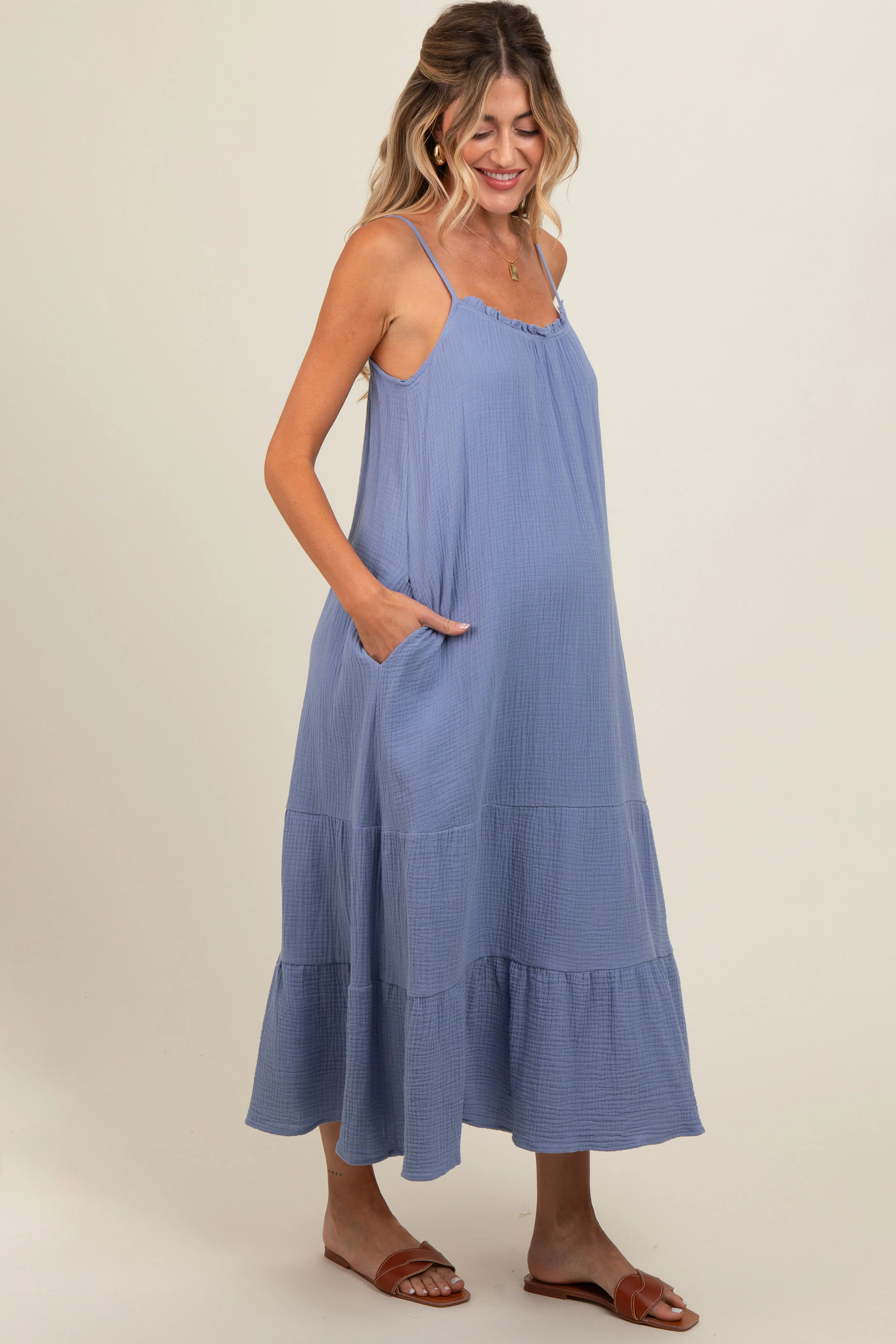 Blue Tiered Hem Maternity Midi Dress sold by Pinkblush product image thumbnail 3