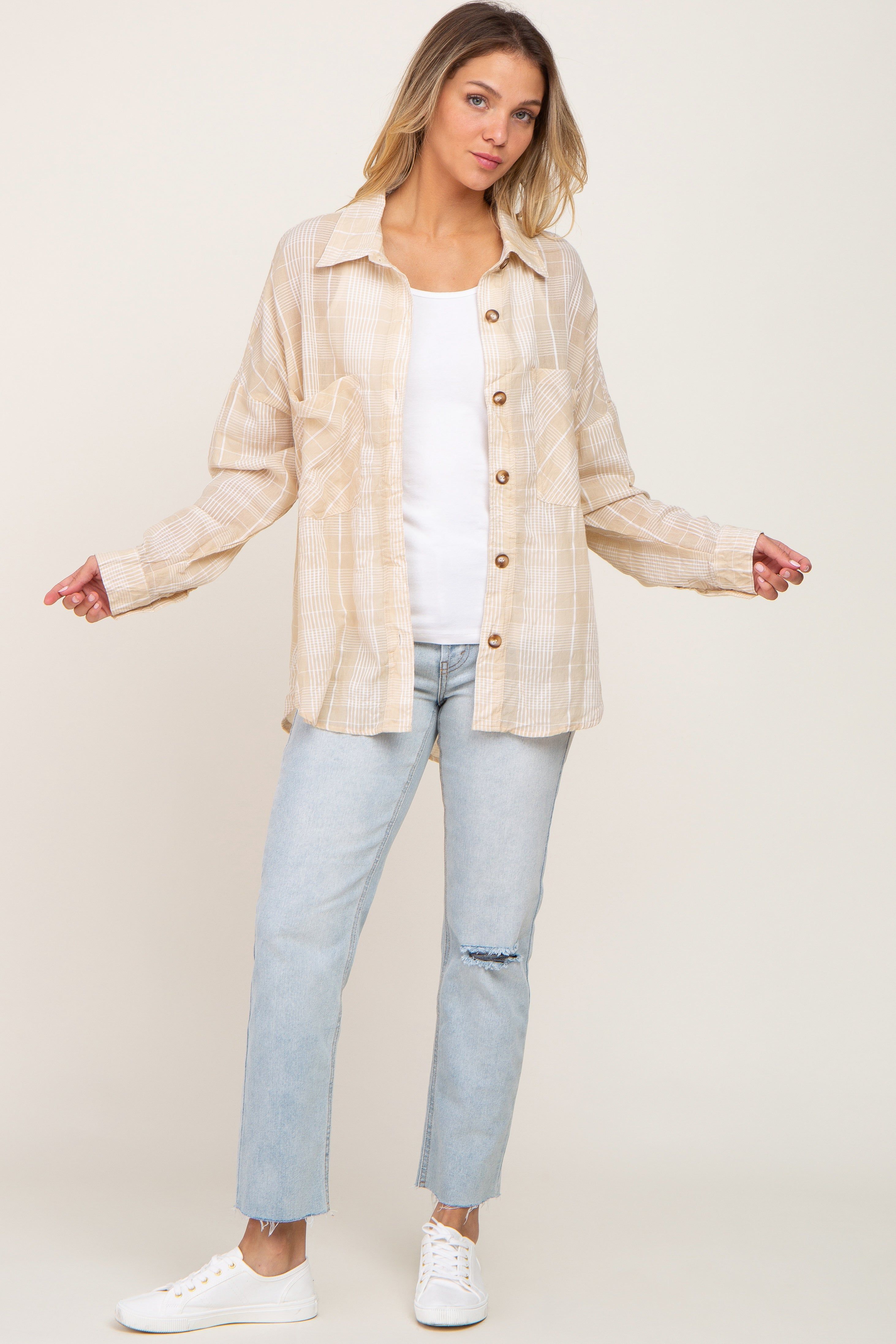 Taupe Plaid Front Pocket Button Up Top sold by Pinkblush product image thumbnail 2