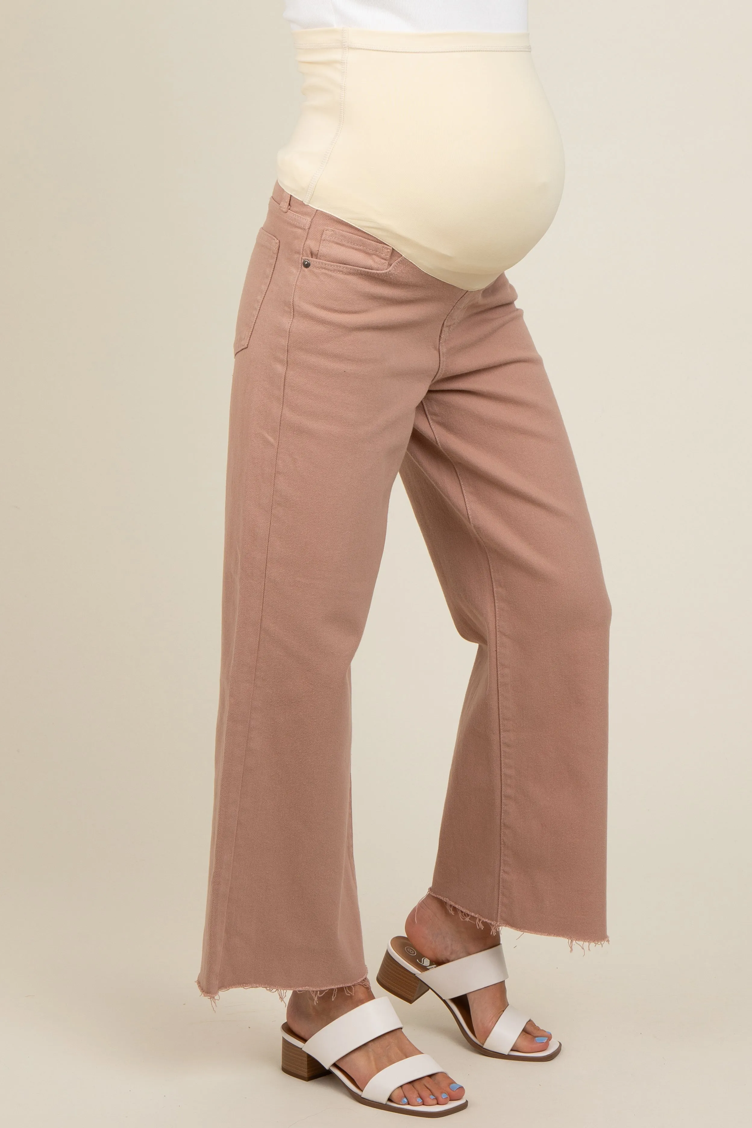 Beige Wide Leg Raw Hem Maternity Jeans sold by Pinkblush product image thumbnail 4