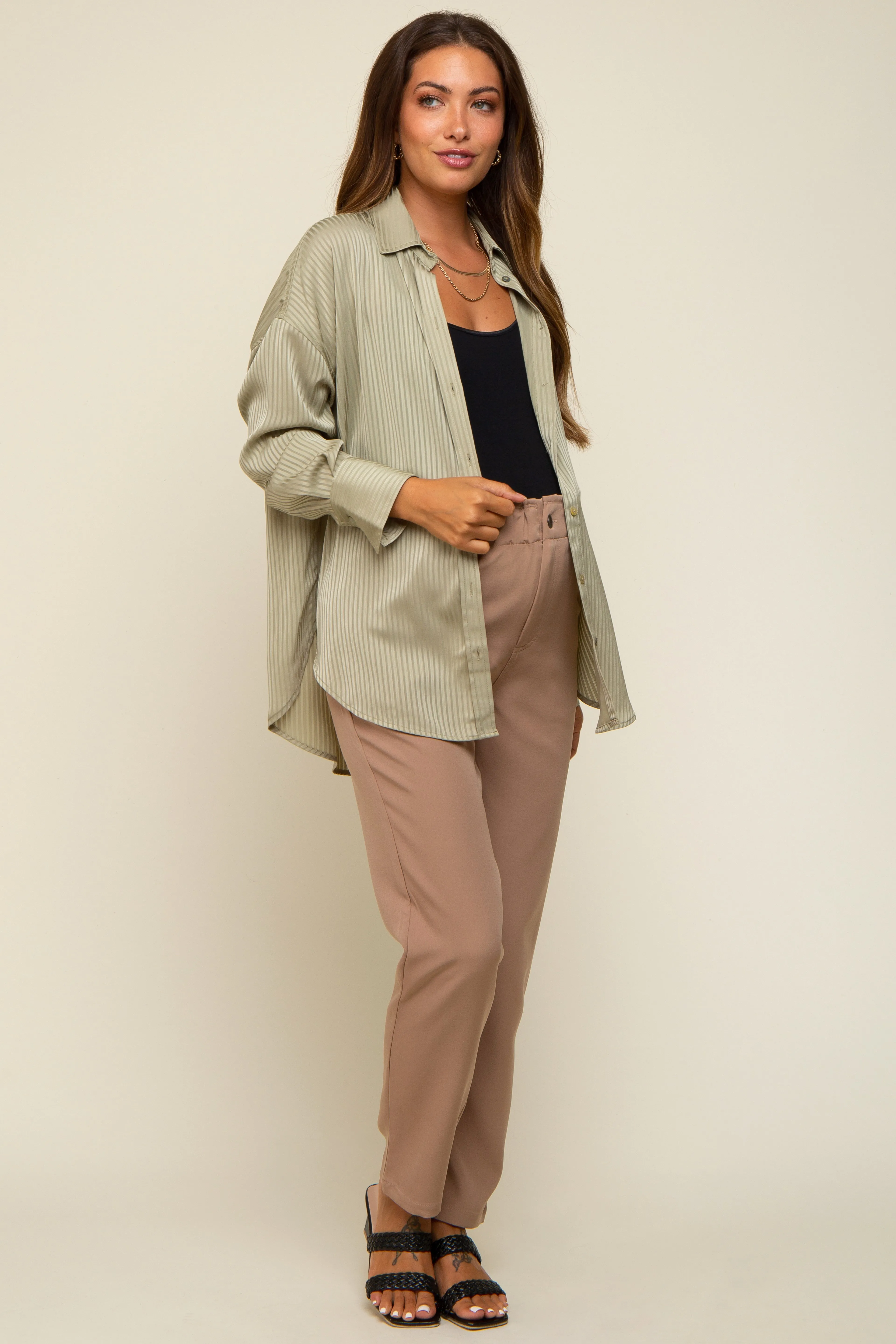 Light Olive Striped Silky Maternity Button Down Blouse sold by Pinkblush