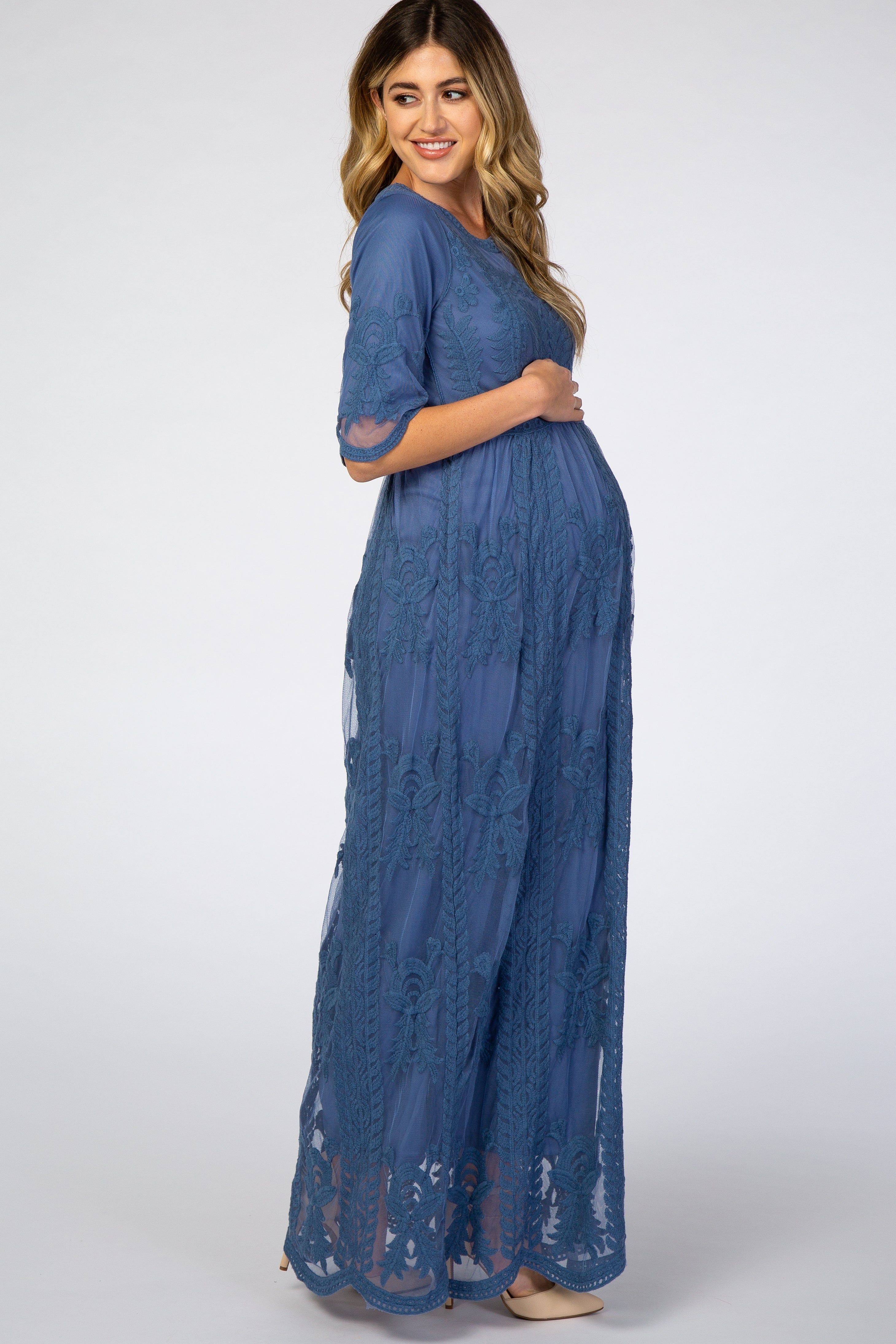 Blue Crochet Overlay Maternity Maxi Dress sold by Pinkblush product image thumbnail 2