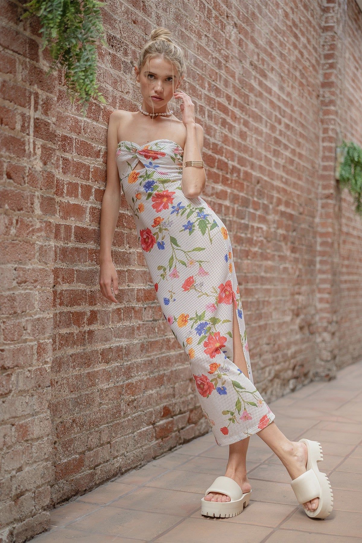 Off White Floral Side Slit Maxi Dress sold by Pinkblush product image thumbnail 2