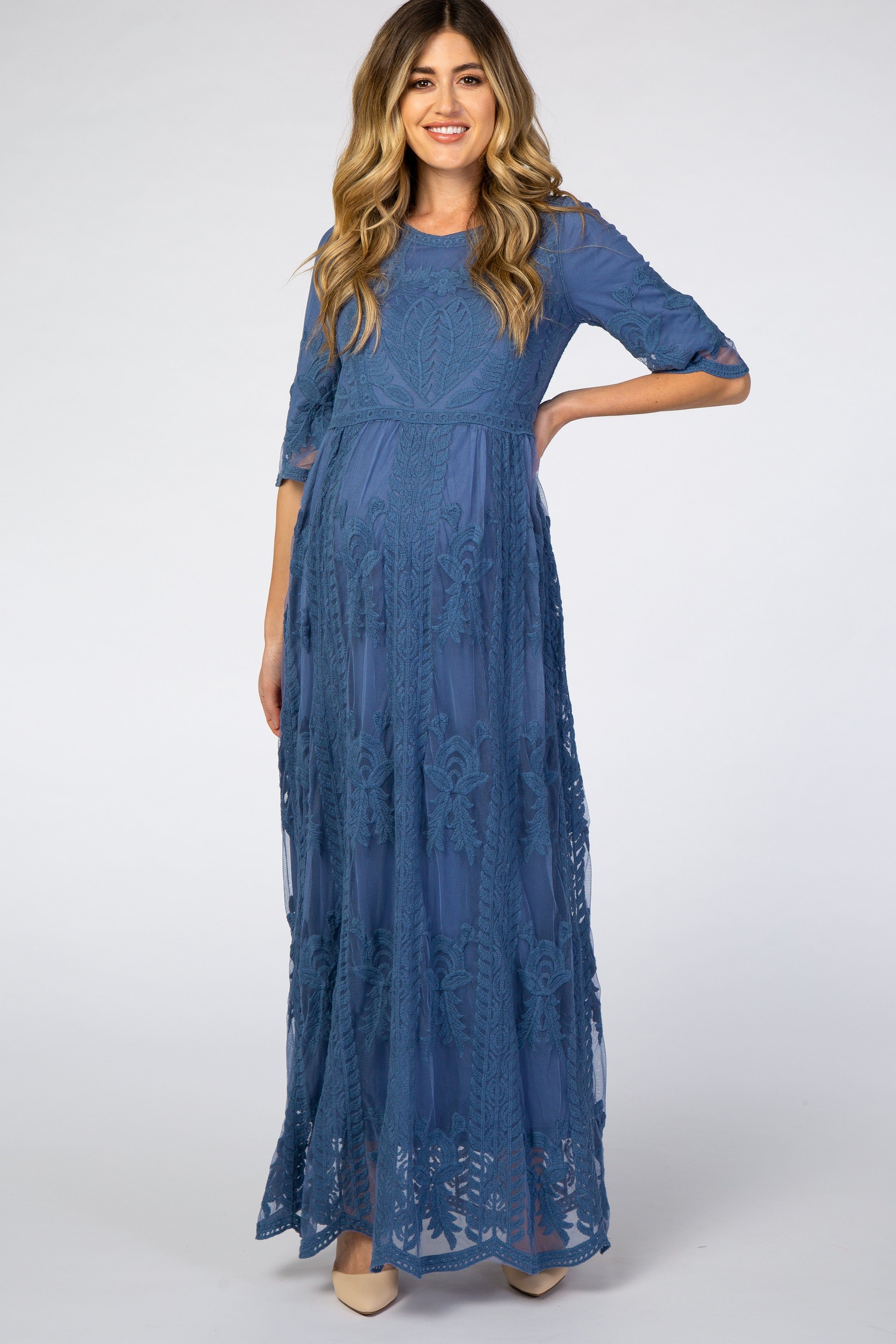 Blue Crochet Overlay Maternity Maxi Dress sold by Pinkblush product image thumbnail 4