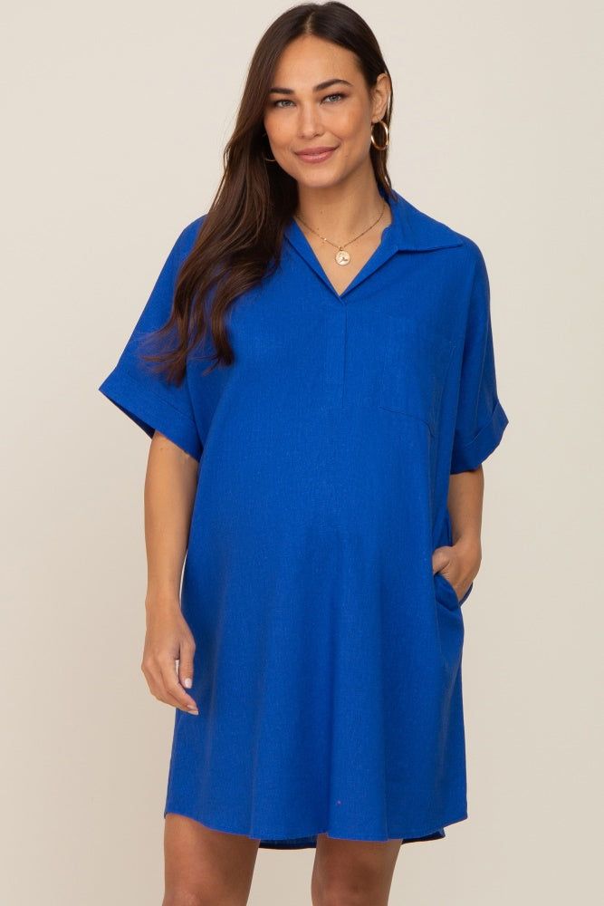 Royal Blue Linen Collared Front Pocket Short Sleeve Maternity Dress sold by Pinkblush product image thumbnail 2