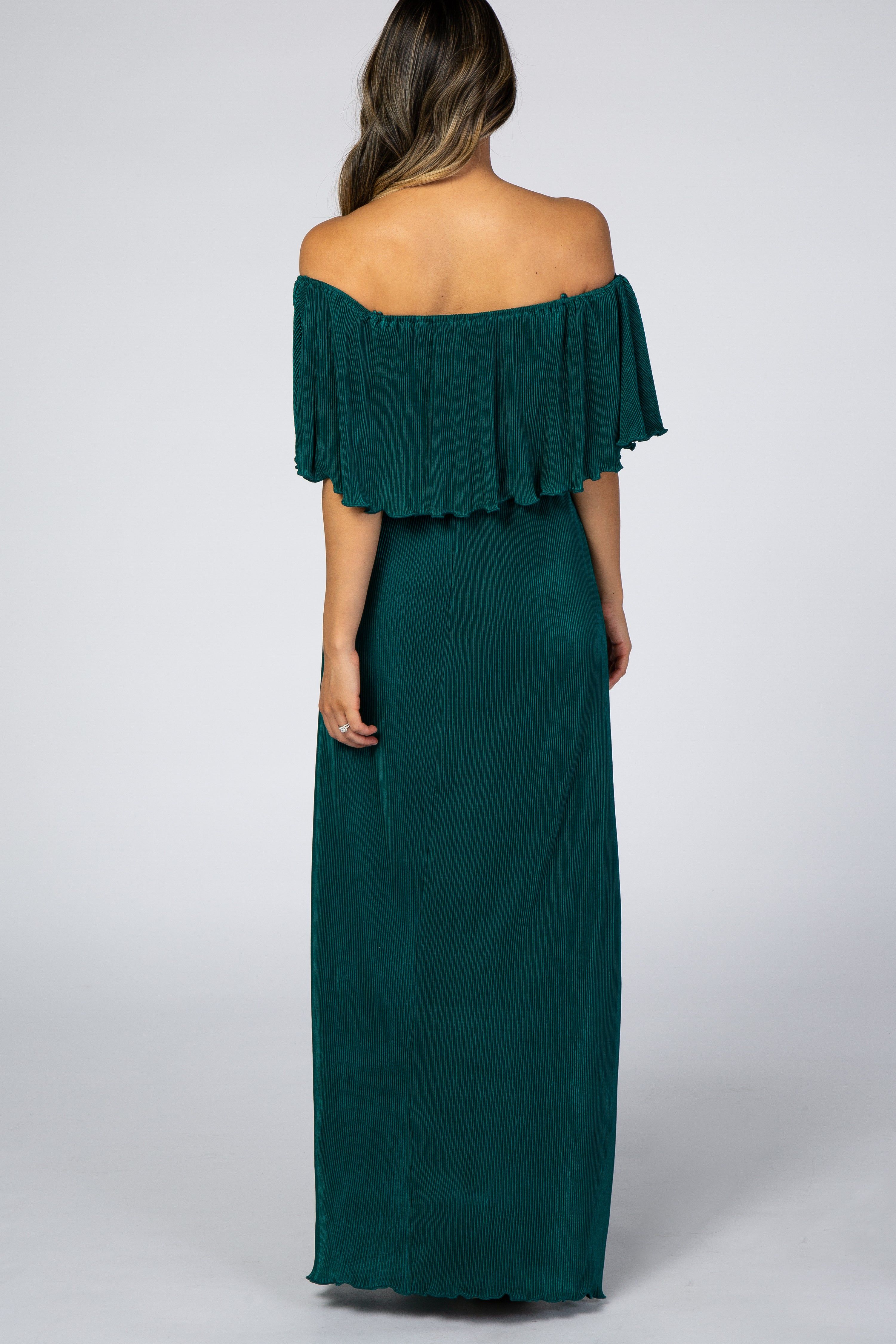 Forest Green Pleated Ruffle Off Shoulder Maxi Dress sold by Pinkblush product image thumbnail 3