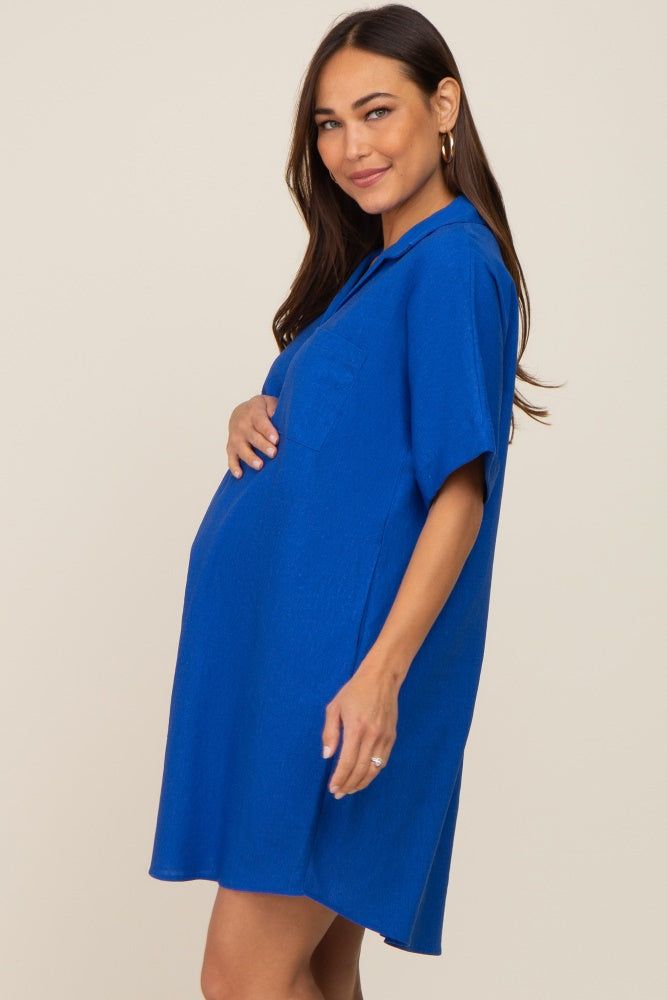 Royal Blue Linen Collared Front Pocket Short Sleeve Maternity Dress sold by Pinkblush product image thumbnail 3