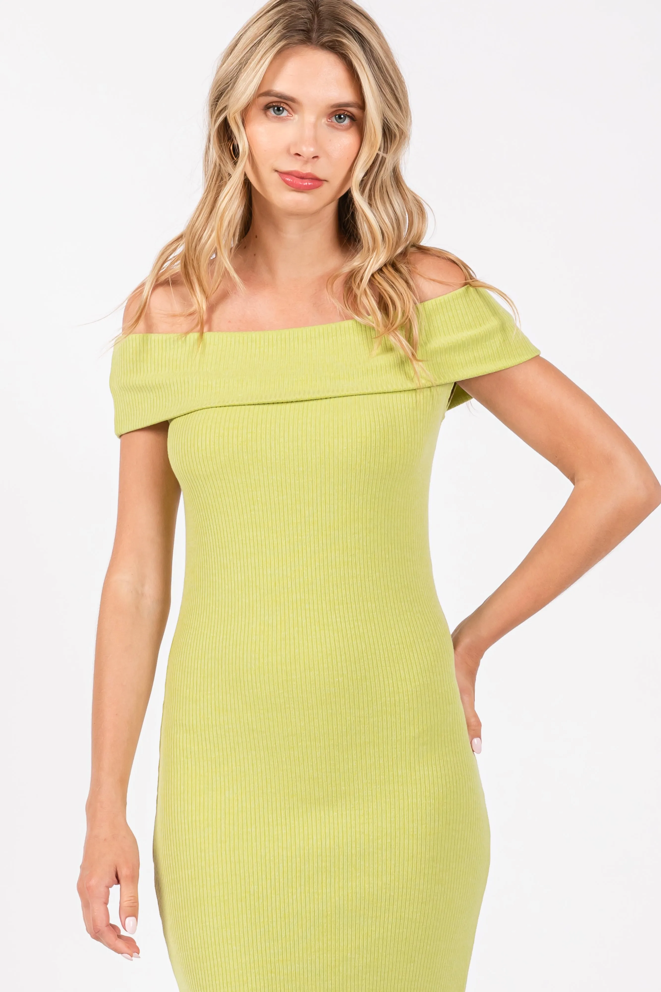 Lime Ribbed Knit Off Shoulder Midi Dress sold by Pinkblush product image thumbnail 4