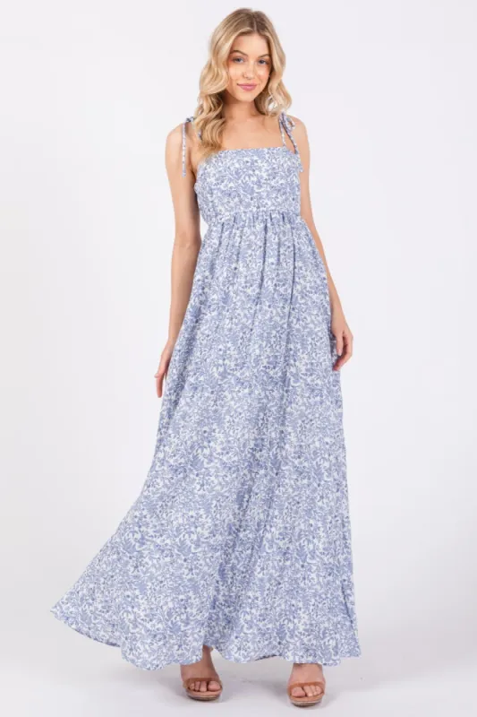 Blue Leaf Print Shoulder Strap Maxi Dress sold by Pinkblush