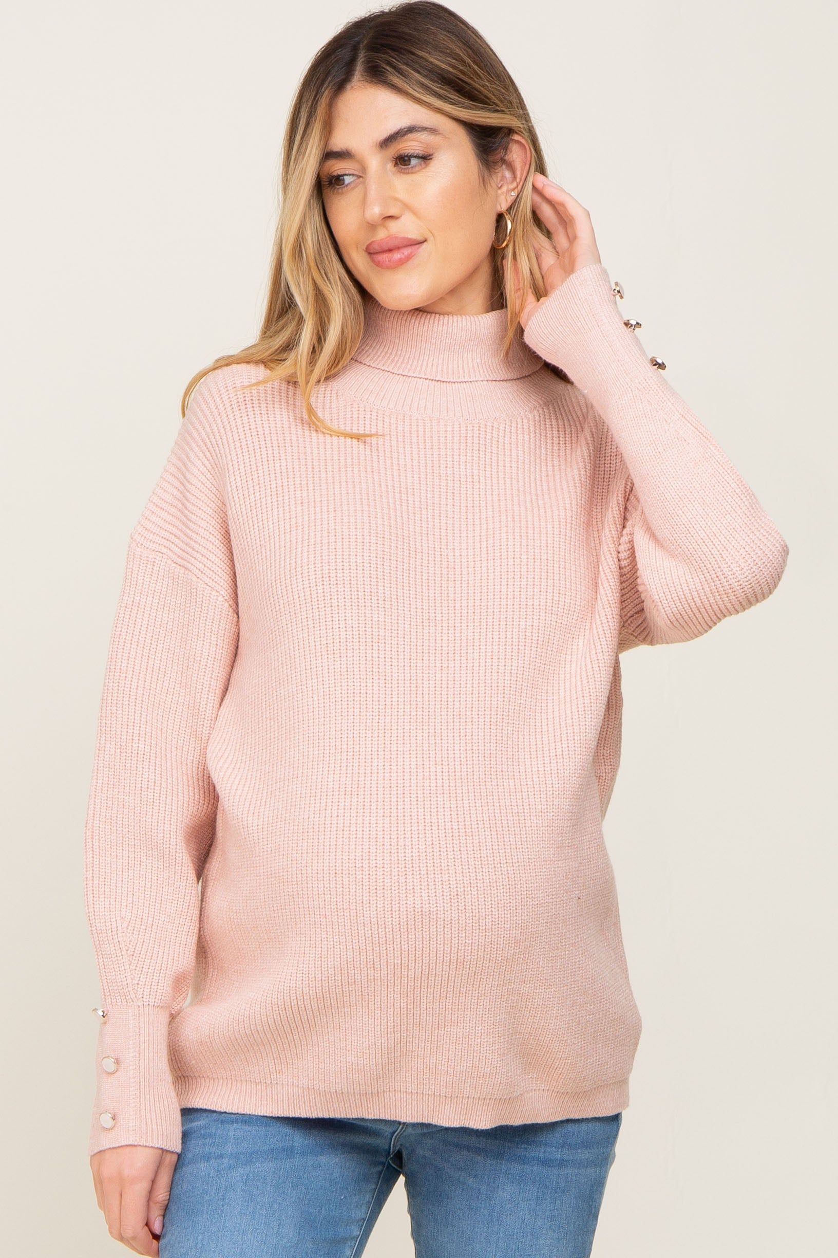 Light Pink Button Accent Turtleneck Maternity Sweater sold by Pinkblush