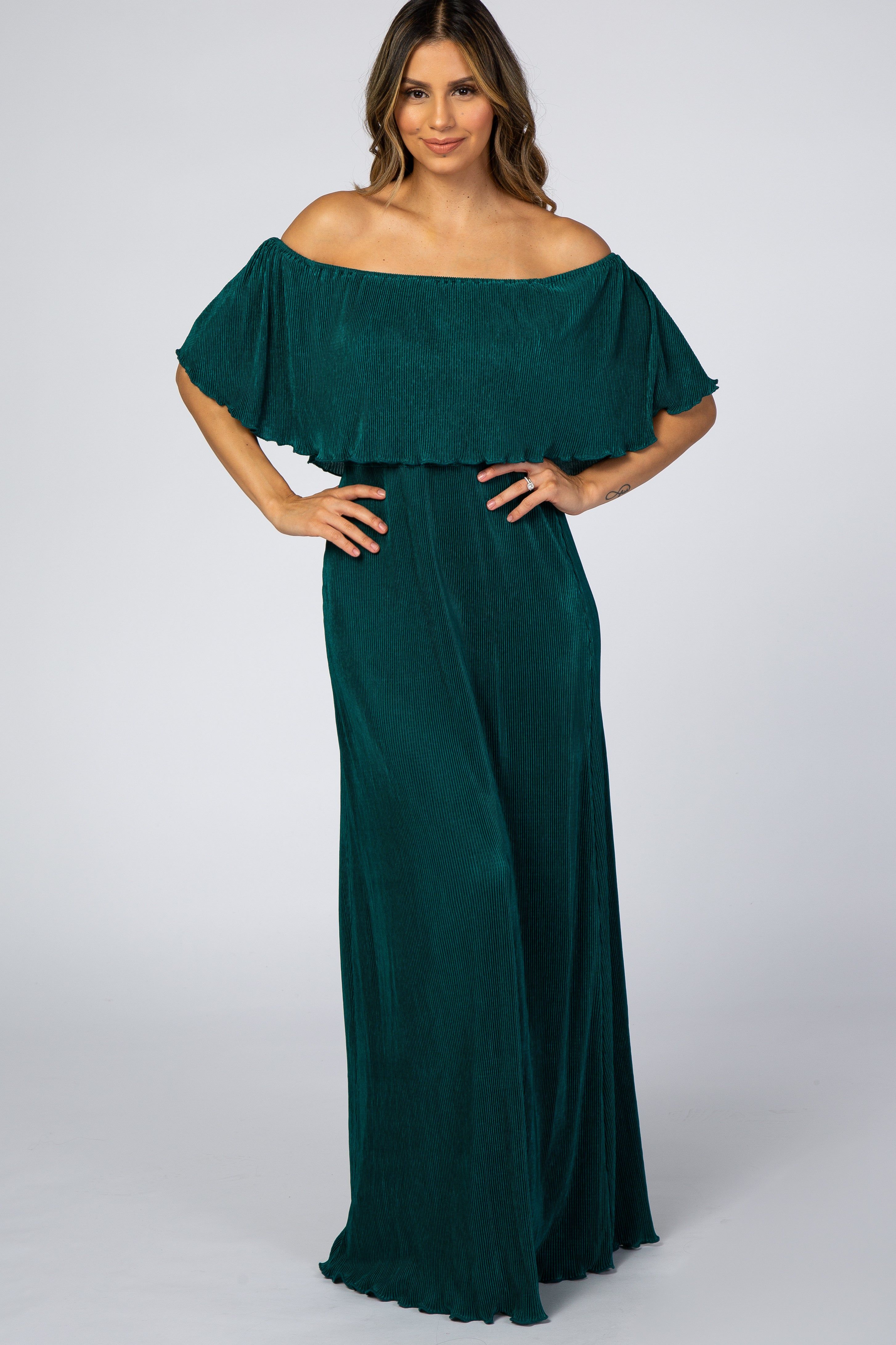 Forest Green Pleated Ruffle Off Shoulder Maxi Dress sold by Pinkblush