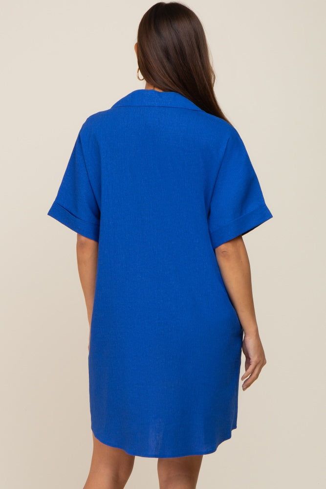 Royal Blue Linen Collared Front Pocket Short Sleeve Maternity Dress sold by Pinkblush product image thumbnail 4