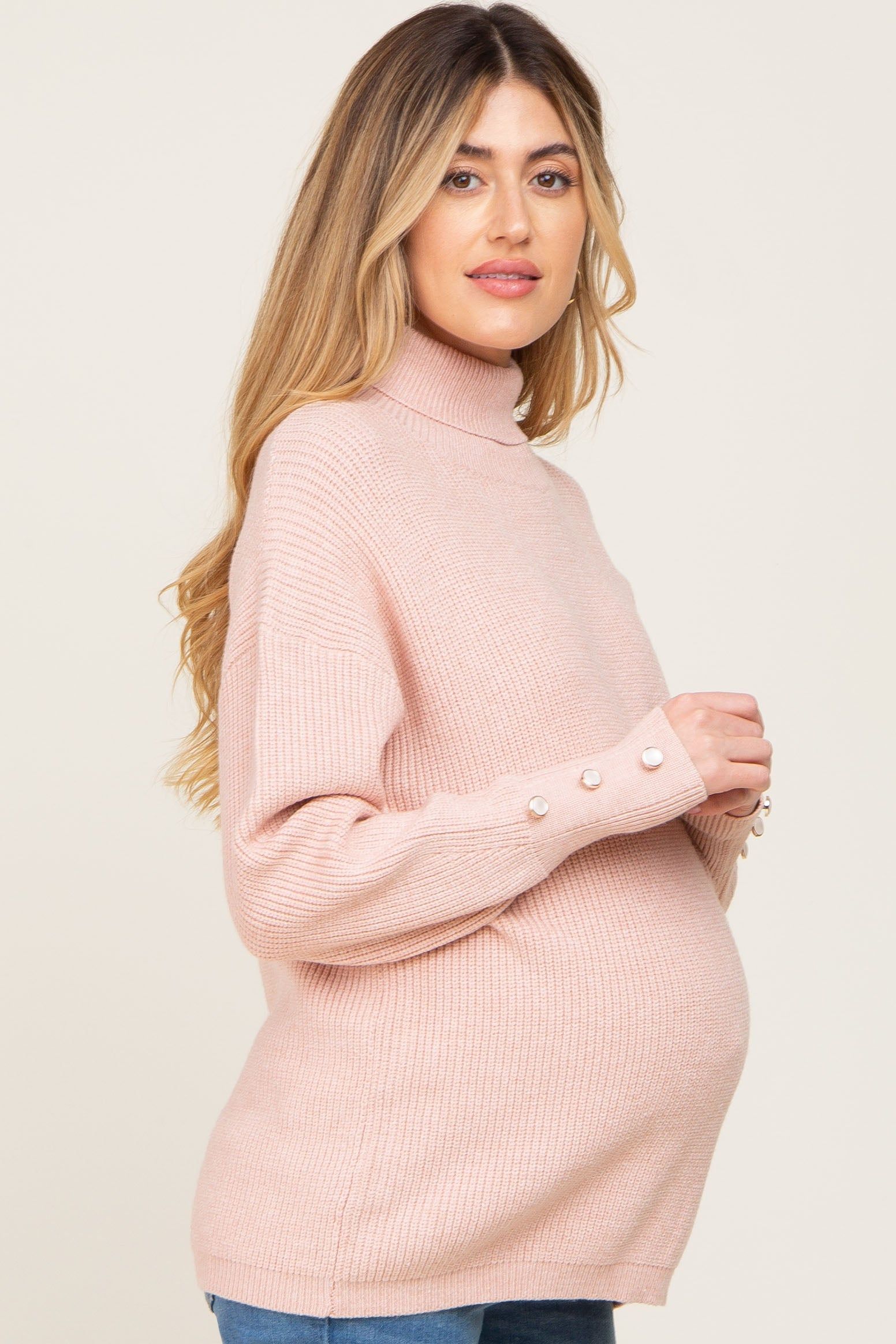 Light Pink Button Accent Turtleneck Maternity Sweater sold by Pinkblush product image thumbnail 2